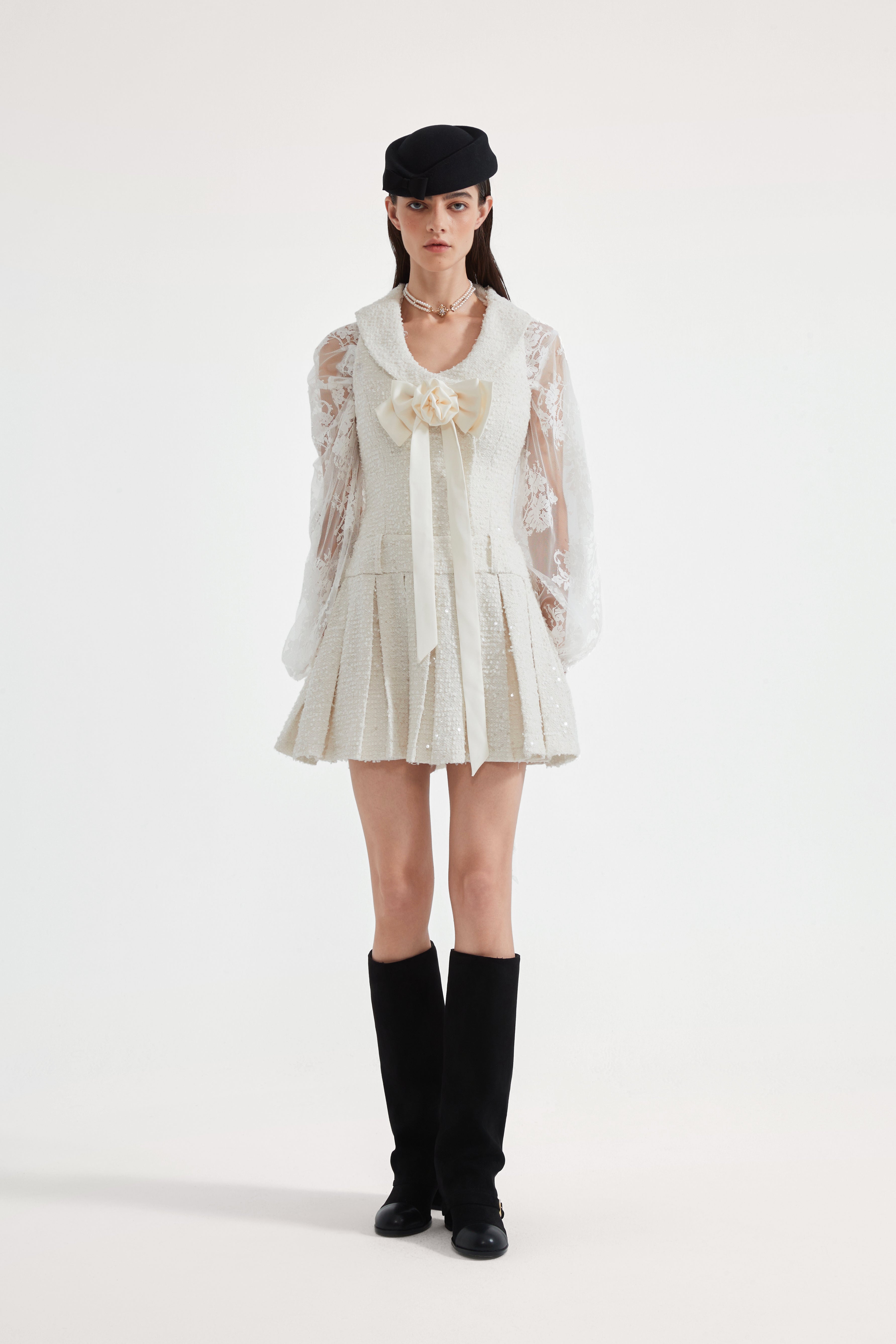 White Tweed Pleated Dress