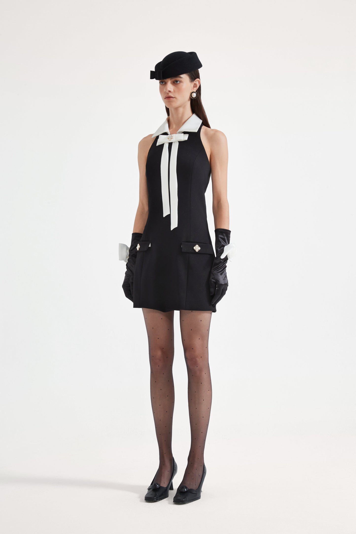 Black Bow Collared Waist-Cinching Dress