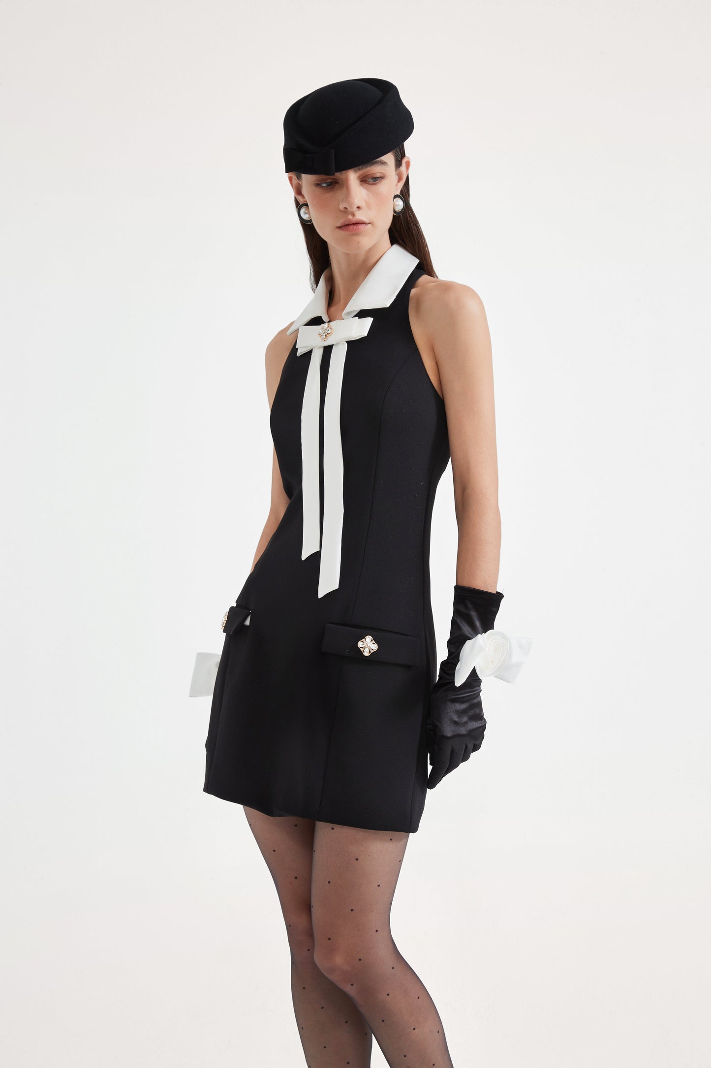 Black Bow Collared Waist-Cinching Dress