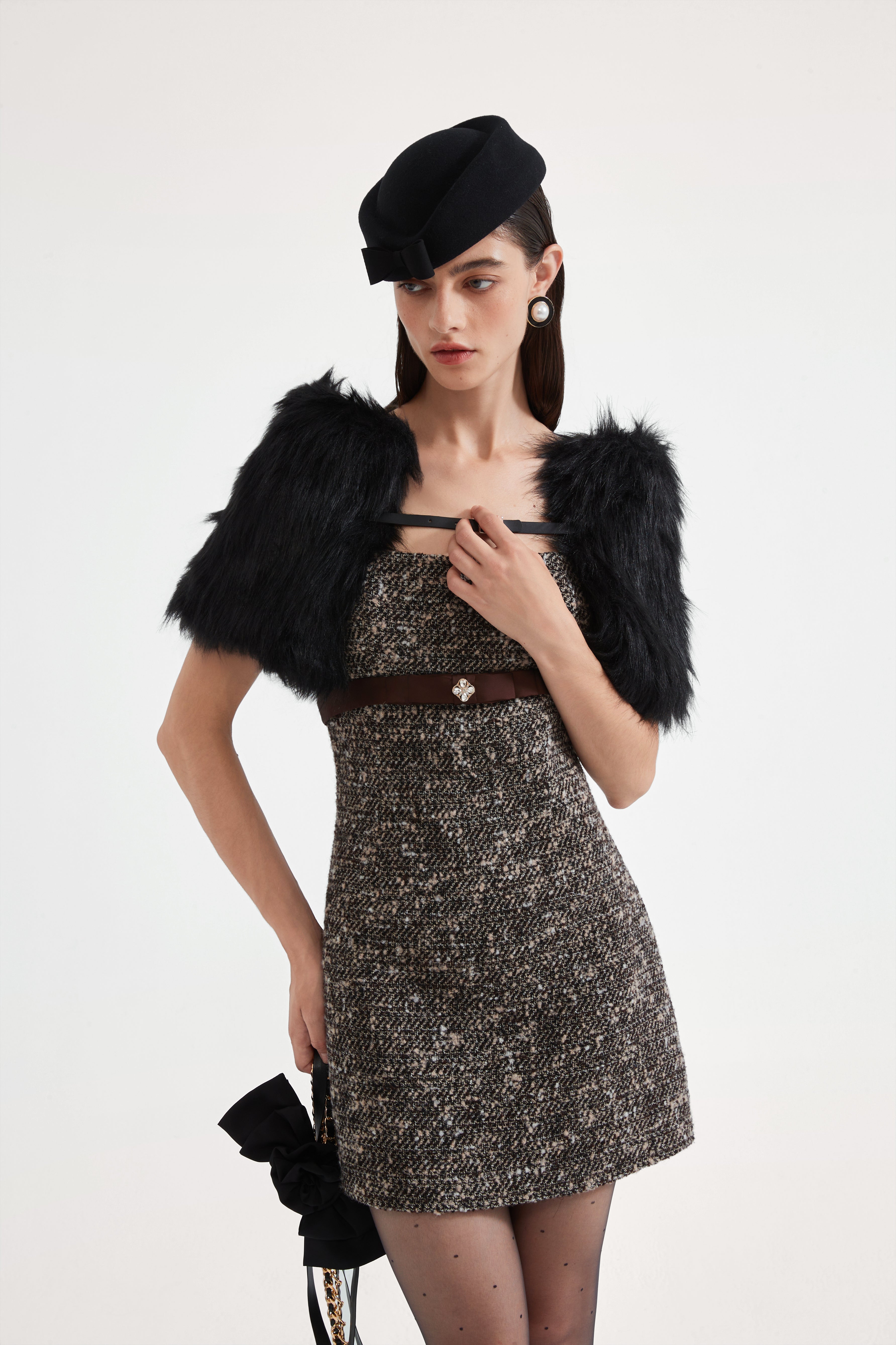 Brown Square-Necked Bow Tweed Dress