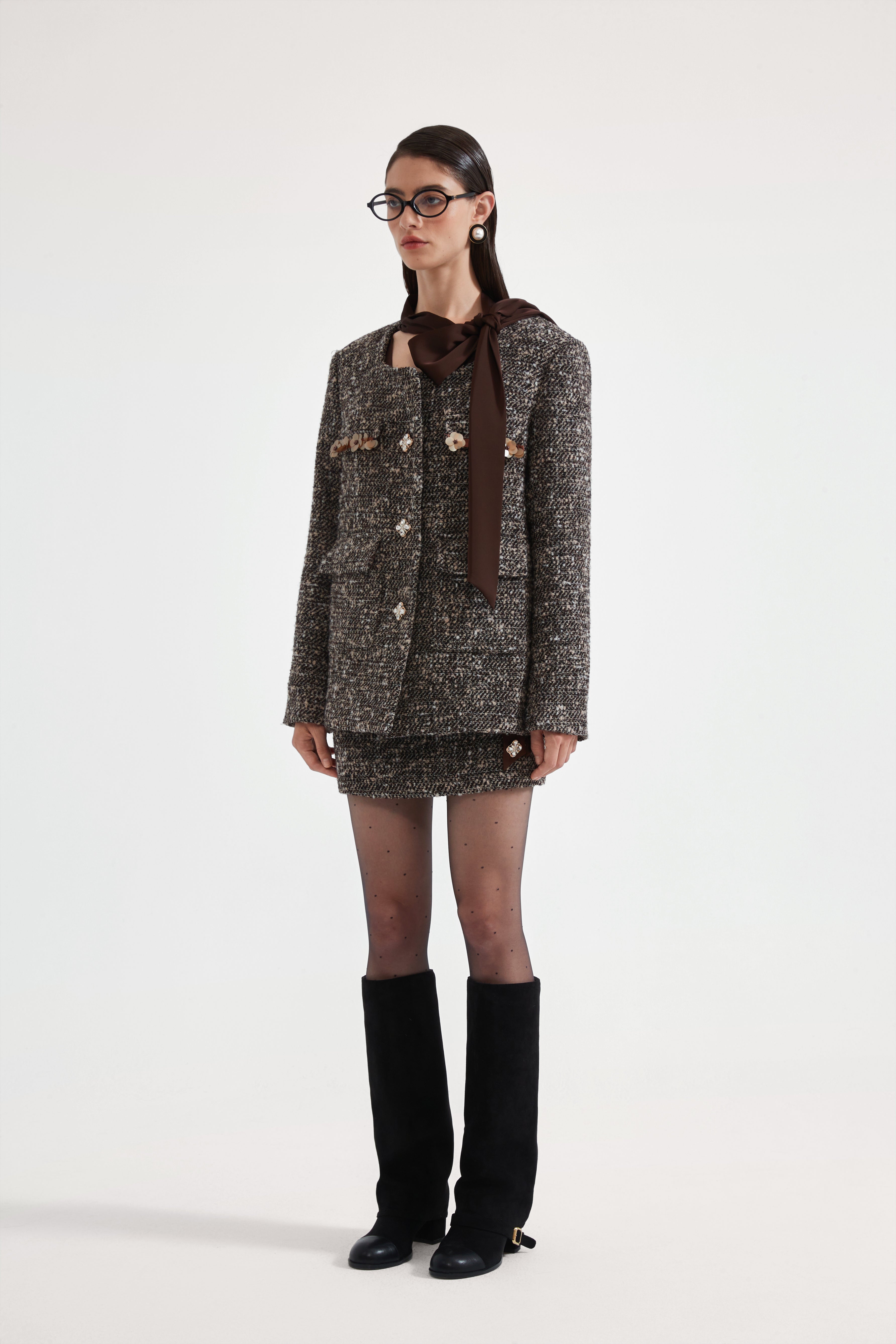 Brown Detachable Square-Necked Tweed Coat