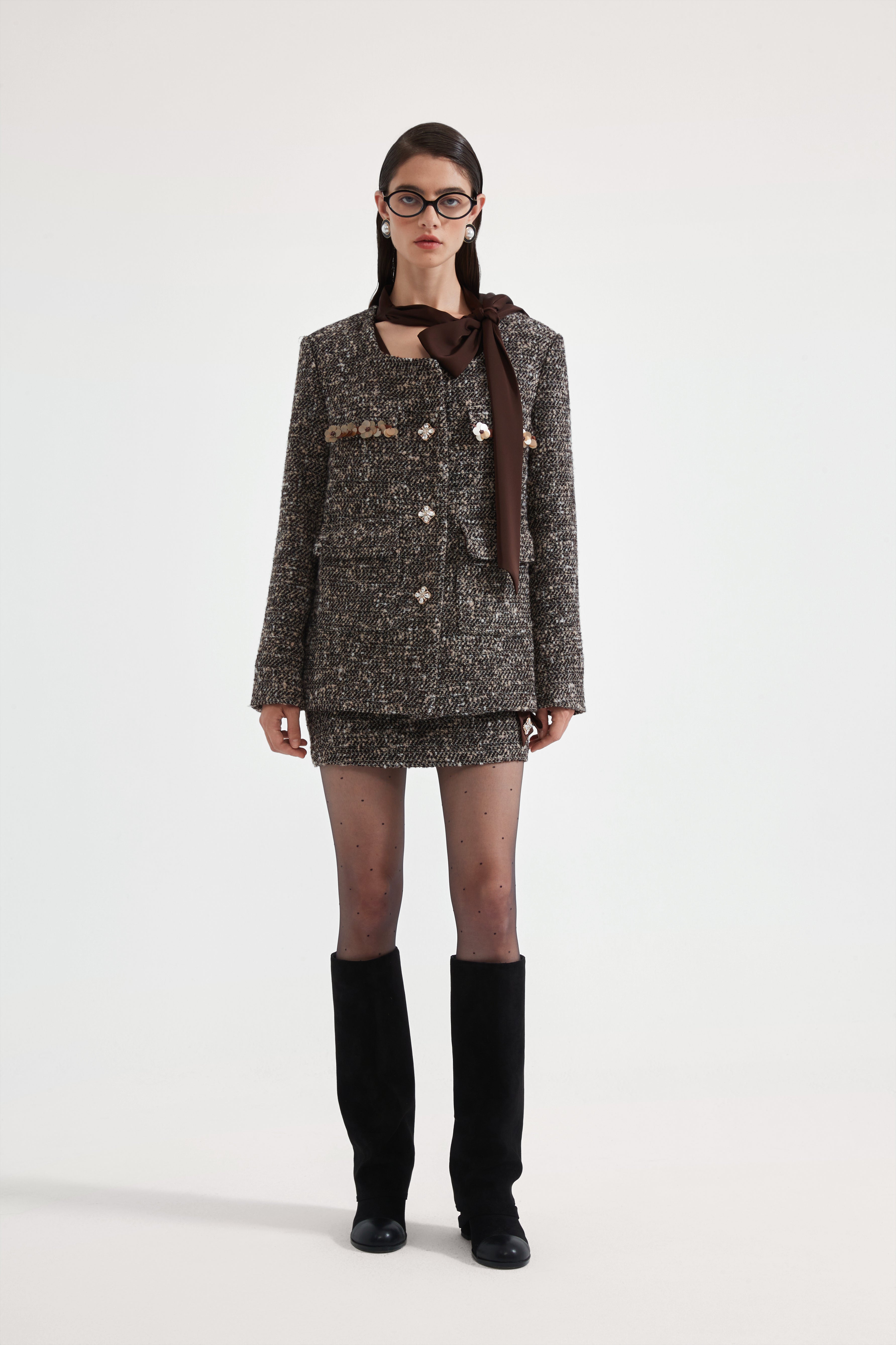 Brown Detachable Square-Necked Tweed Coat