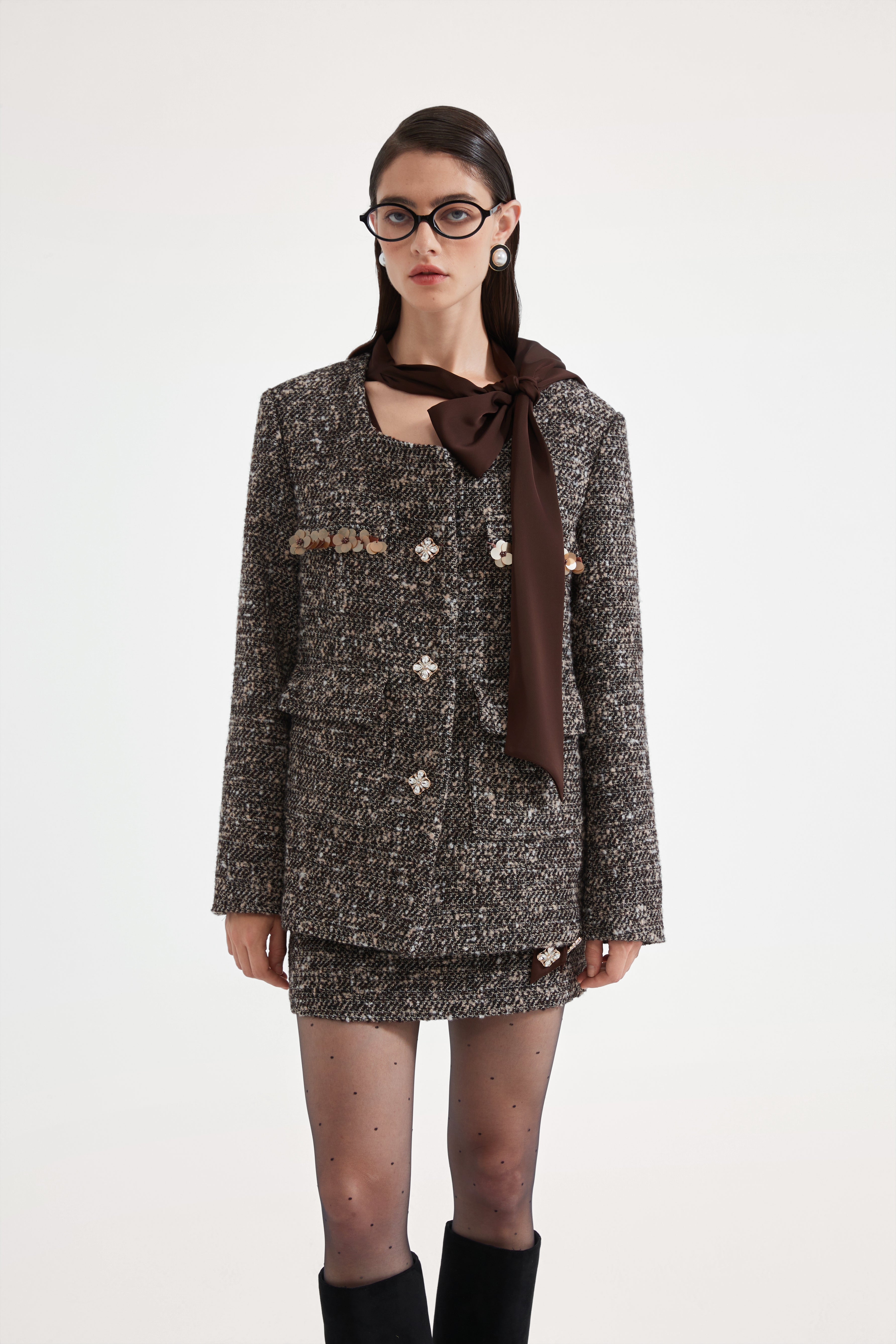 Brown Detachable Square-Necked Tweed Coat