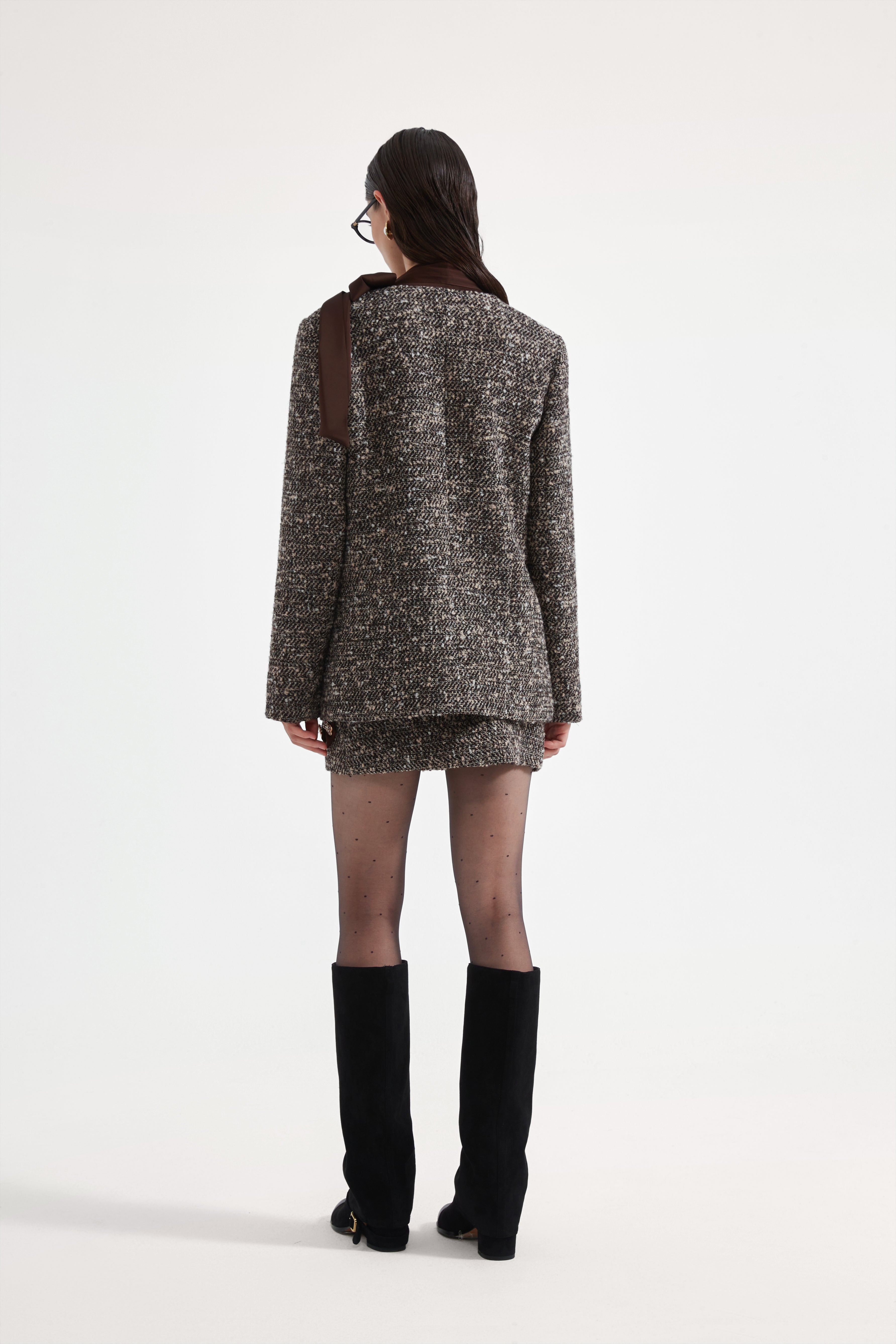 Brown Detachable Square-Necked Tweed Coat
