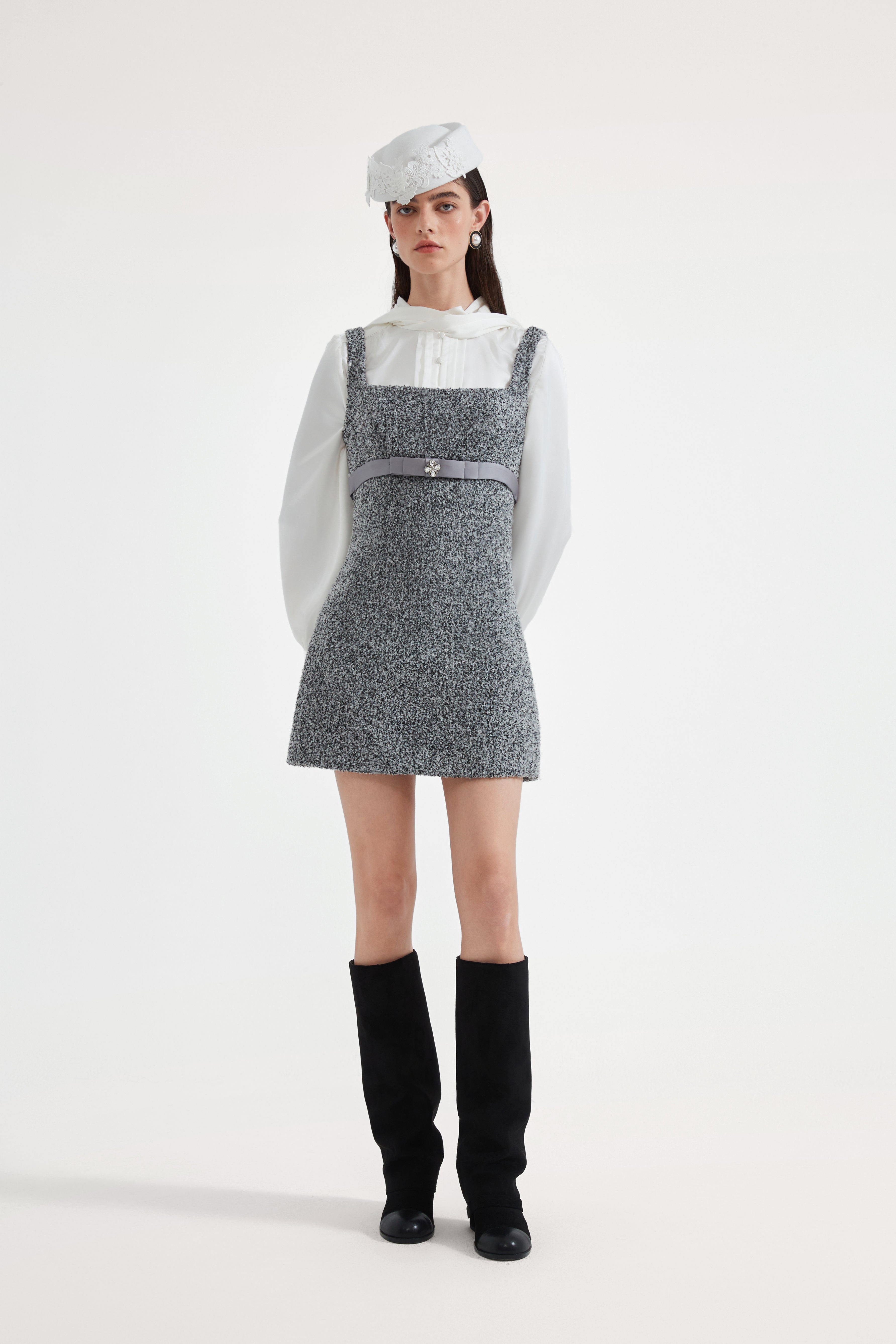 Gray Square-Necked Bow Woolen Dress