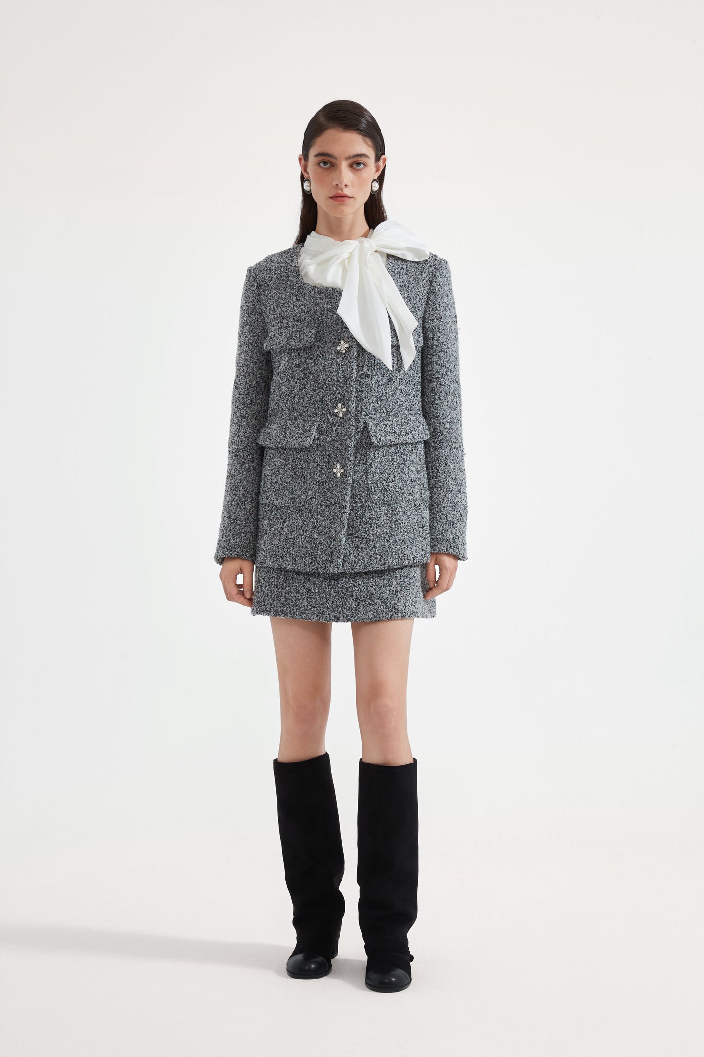Gray Detachable Square-Necked Tweed Coat