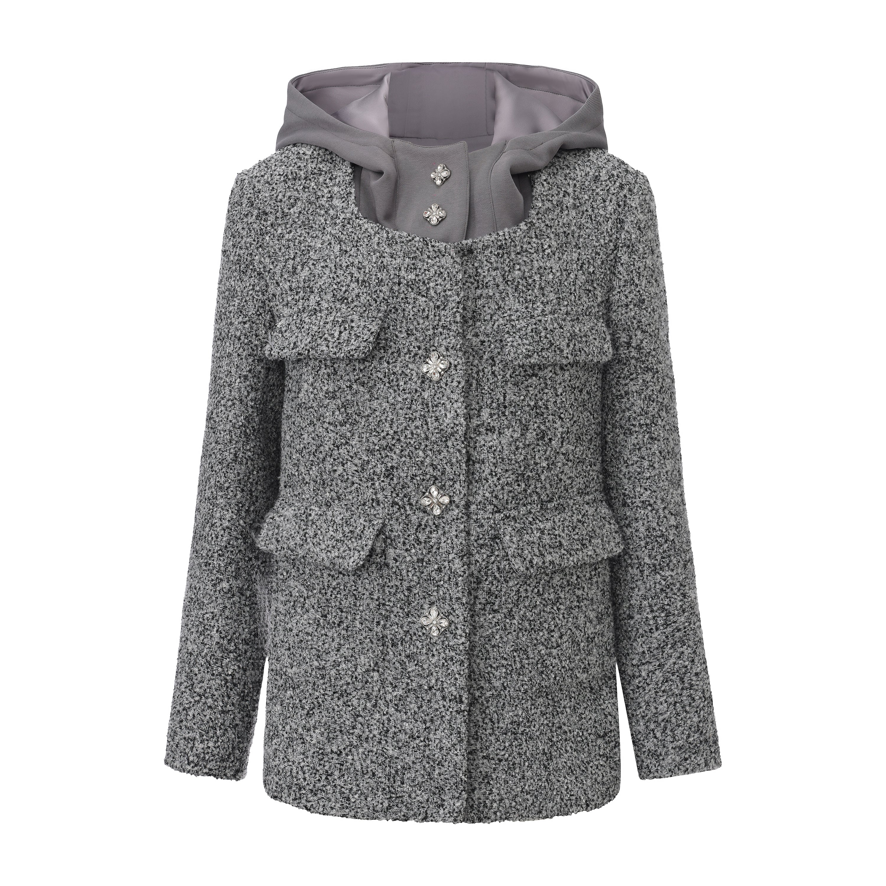 Gray Detachable Square-Necked Tweed Coat