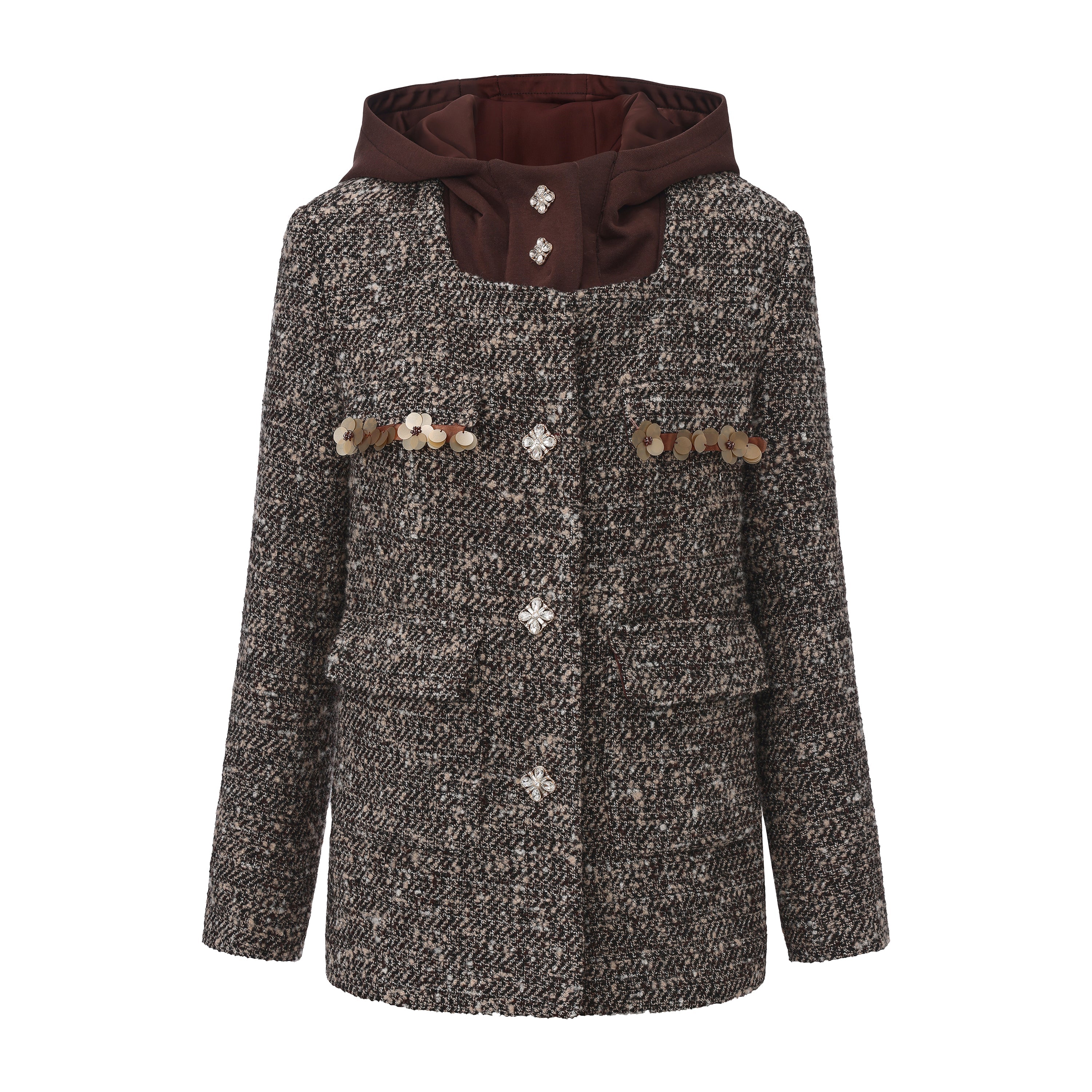 Brown Detachable Square-Necked Tweed Coat