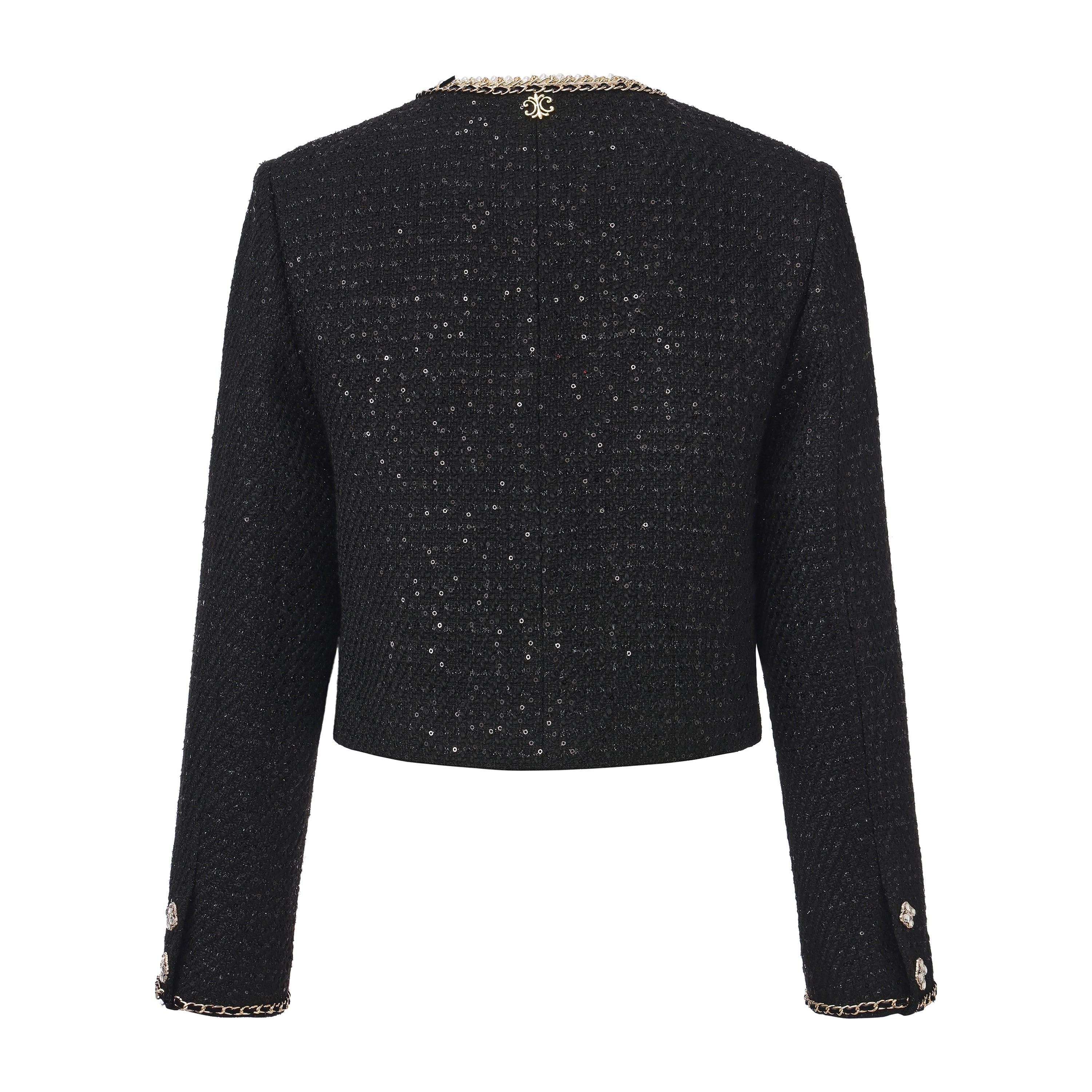 Black Round-Necked Small Fragrance Coat With Pockets