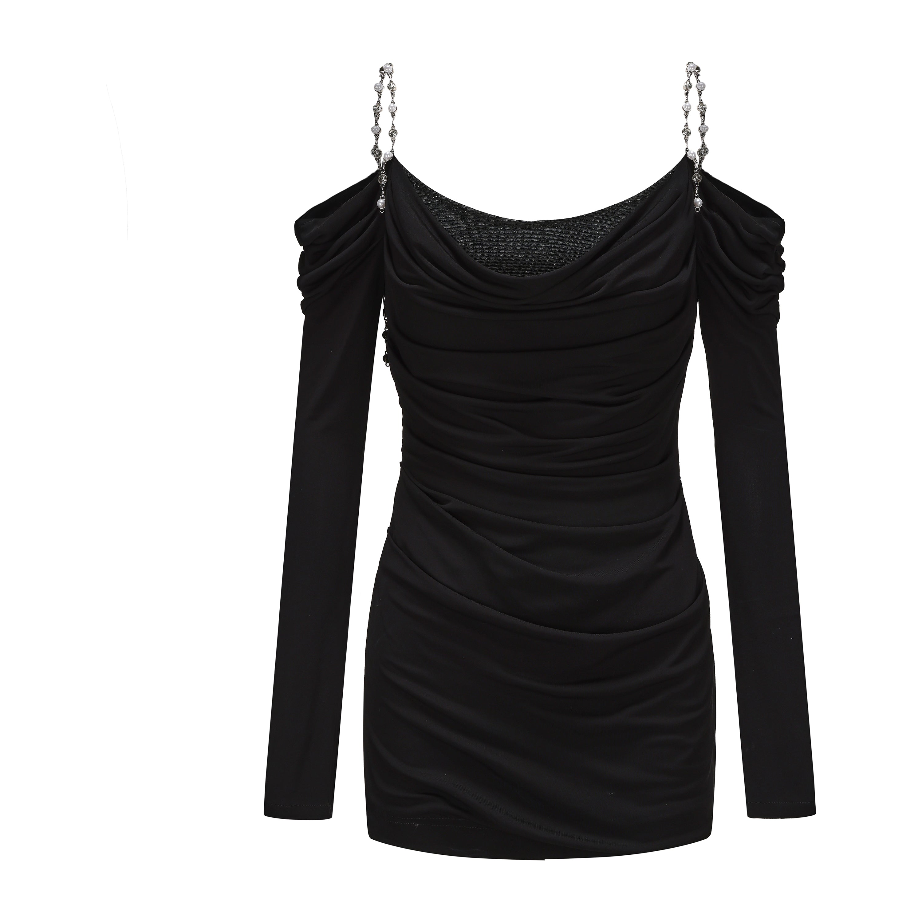 Black Metal-Strapped Ruched Fitted Dress