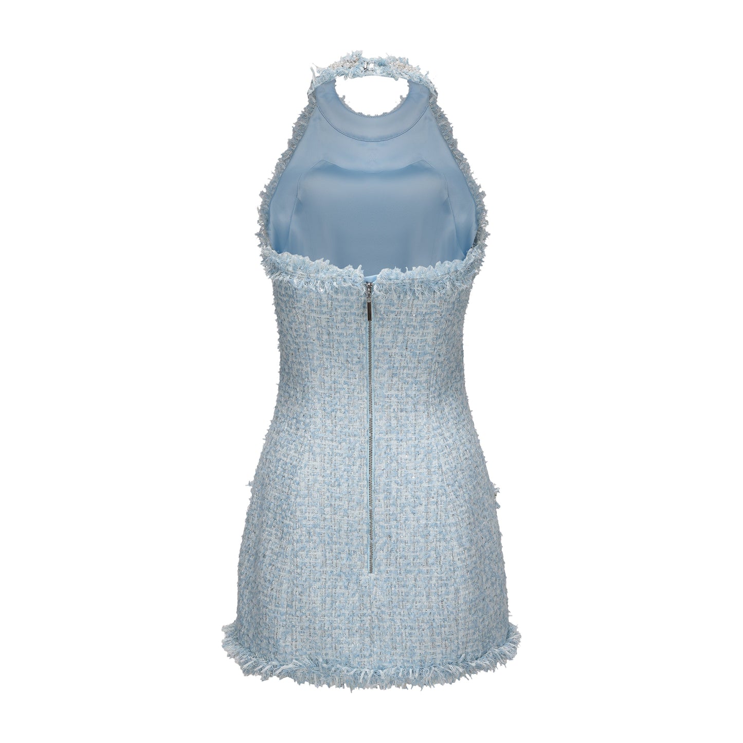 Blue Halter Beaded Tweed Dress