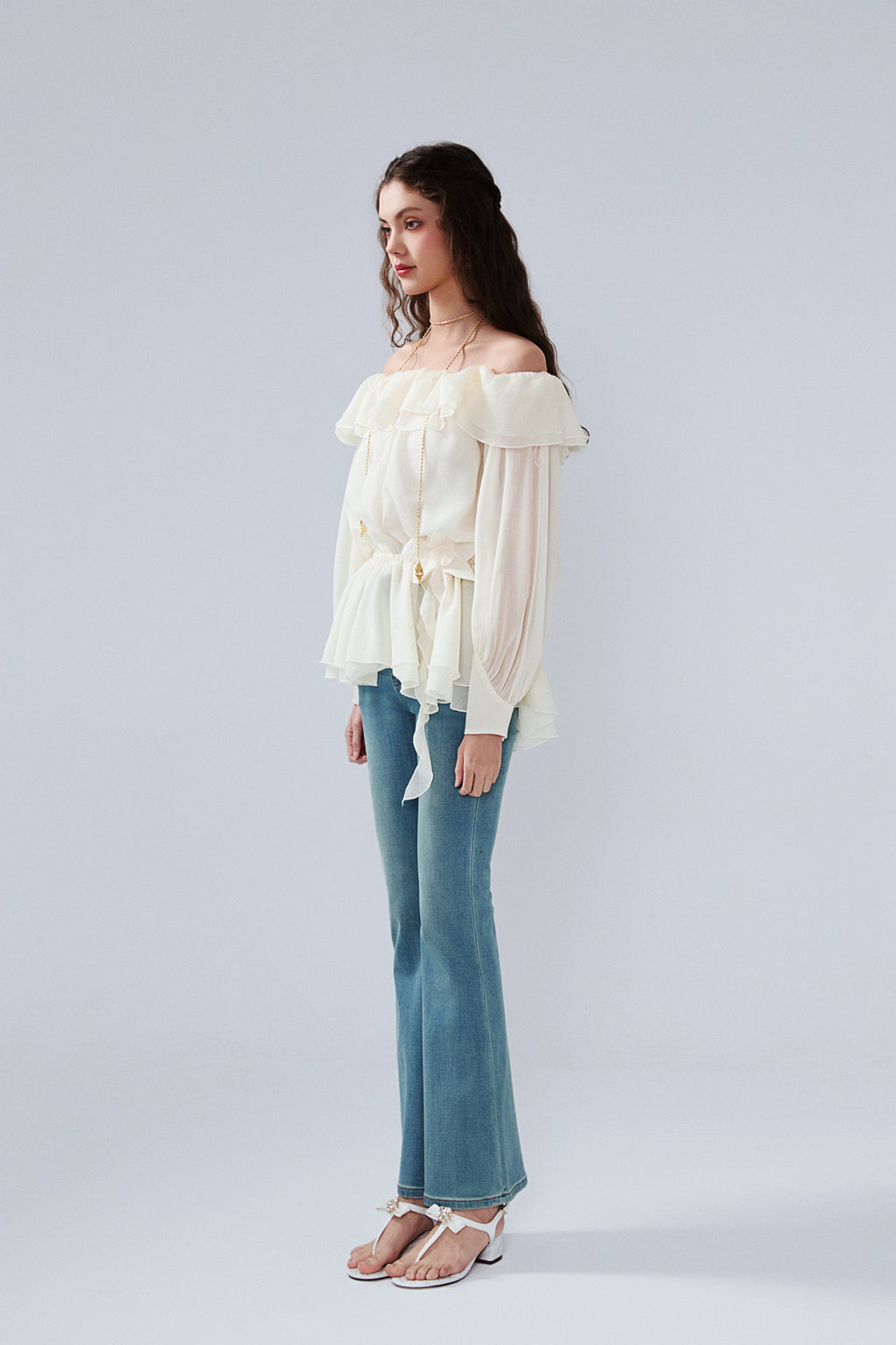 Yellow Shimmering Iris-Patterned Long-Sleeved Top