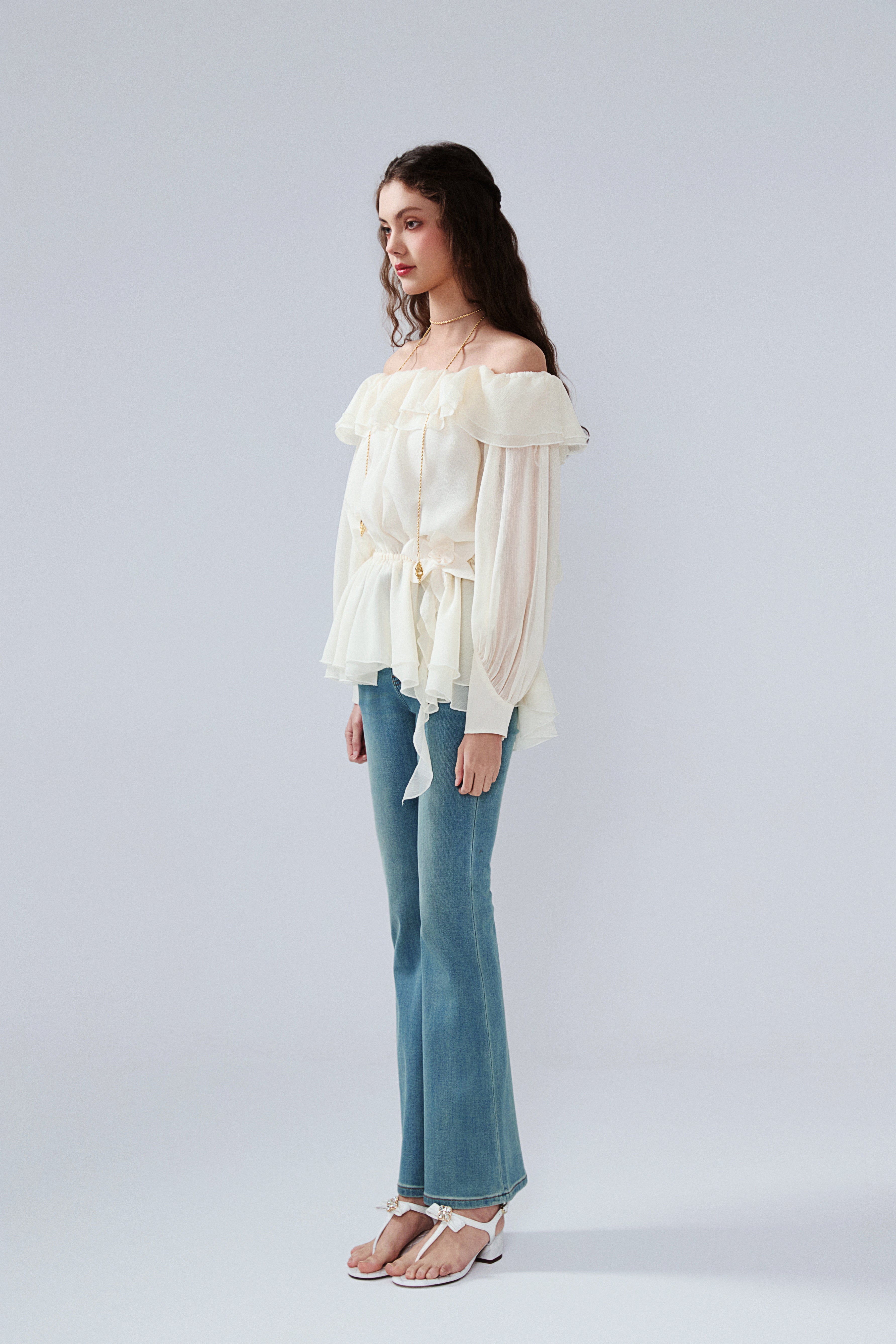 Yellow Shimmering Iris-Patterned Long-Sleeved Top