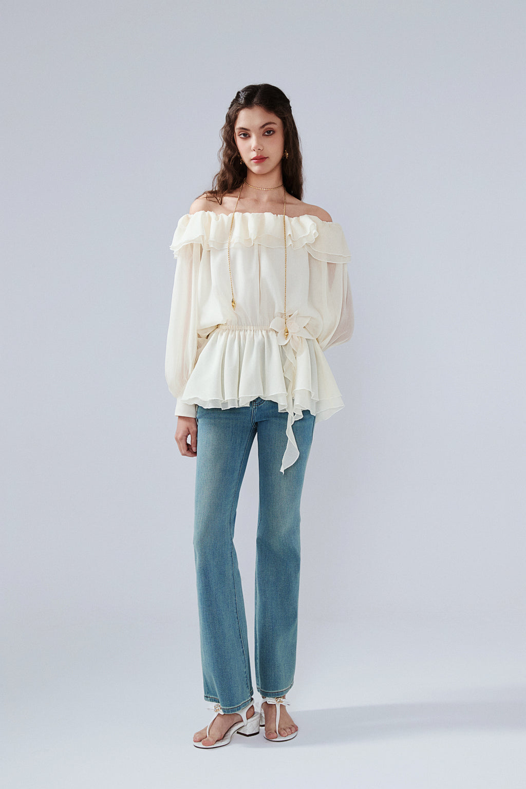 Yellow Shimmering Iris-Patterned Long-Sleeved Top