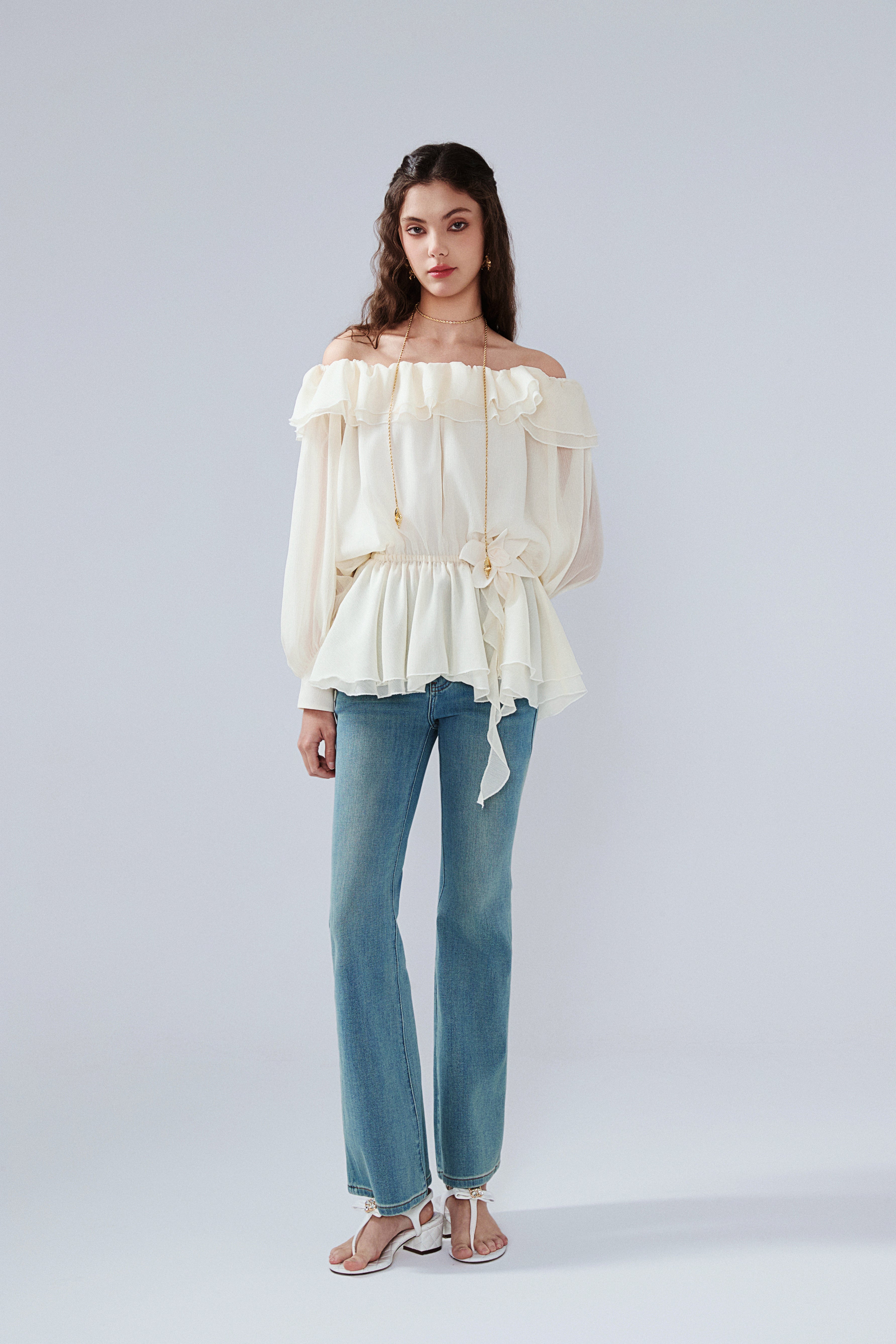 Yellow Shimmering Iris-Patterned Long-Sleeved Top