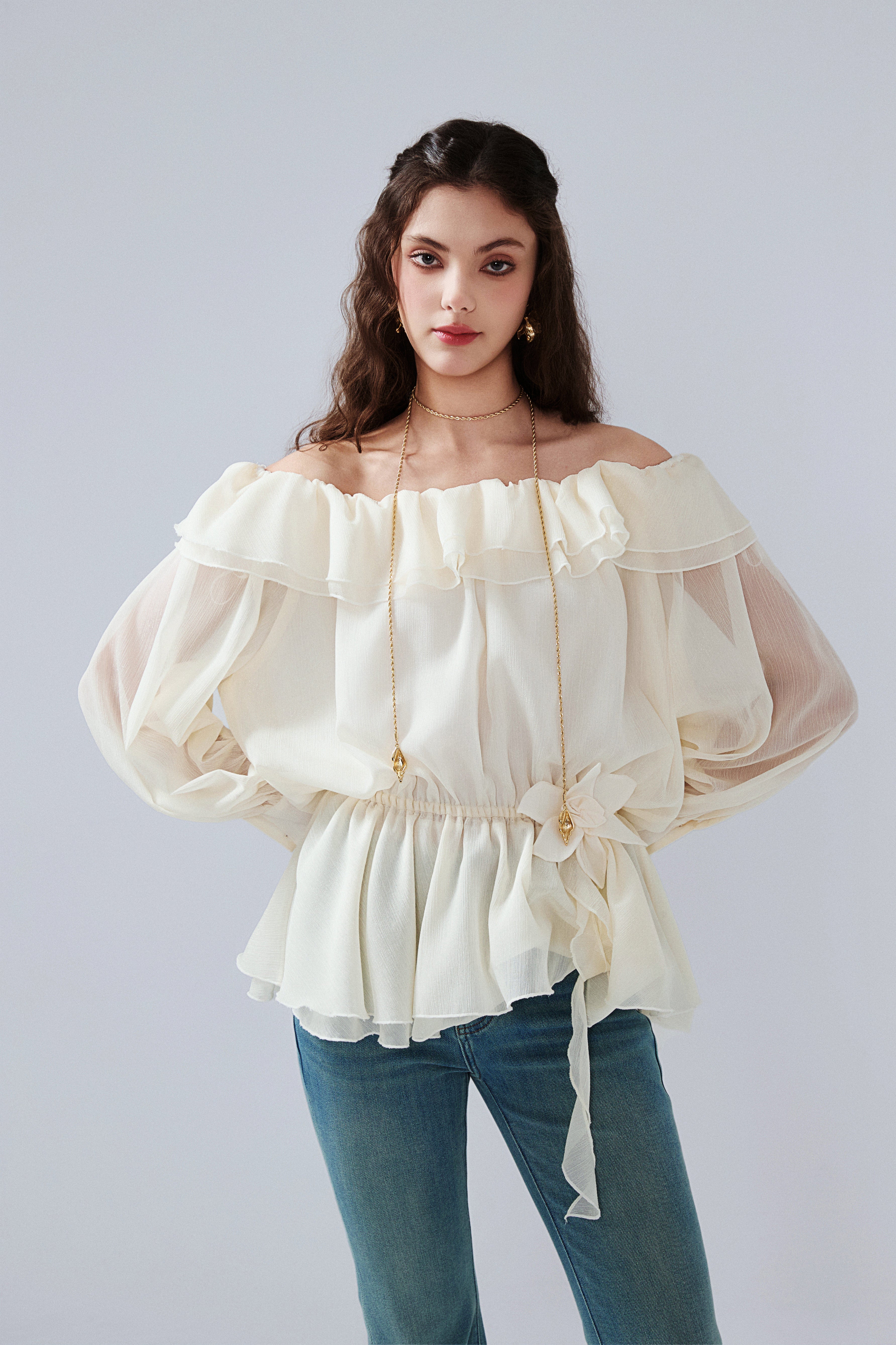 Yellow Shimmering Iris-Patterned Long-Sleeved Top