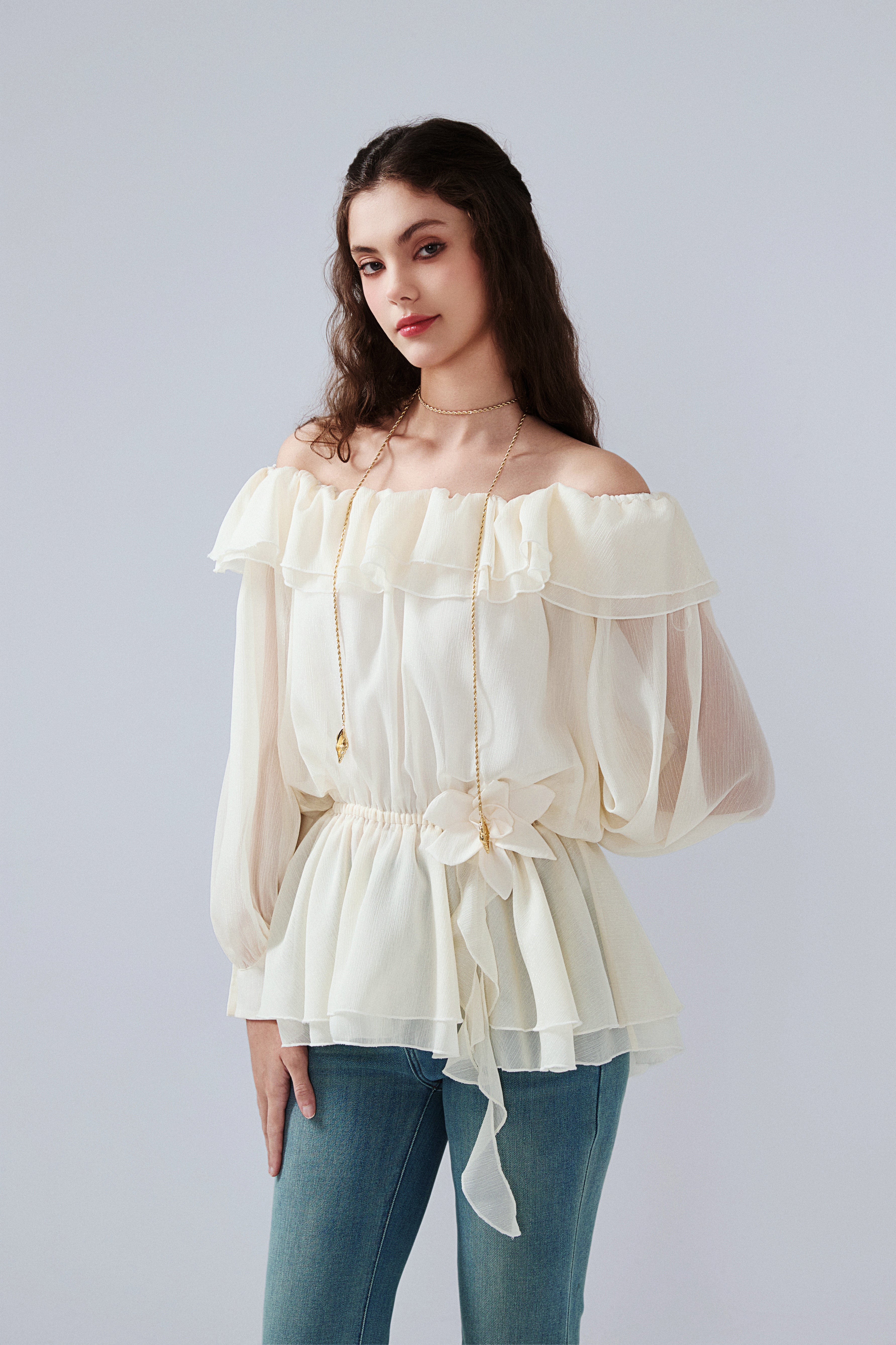 Yellow Shimmering Iris-Patterned Long-Sleeved Top