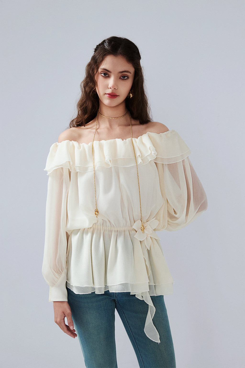 Yellow Shimmering Iris-Patterned Long-Sleeved Top