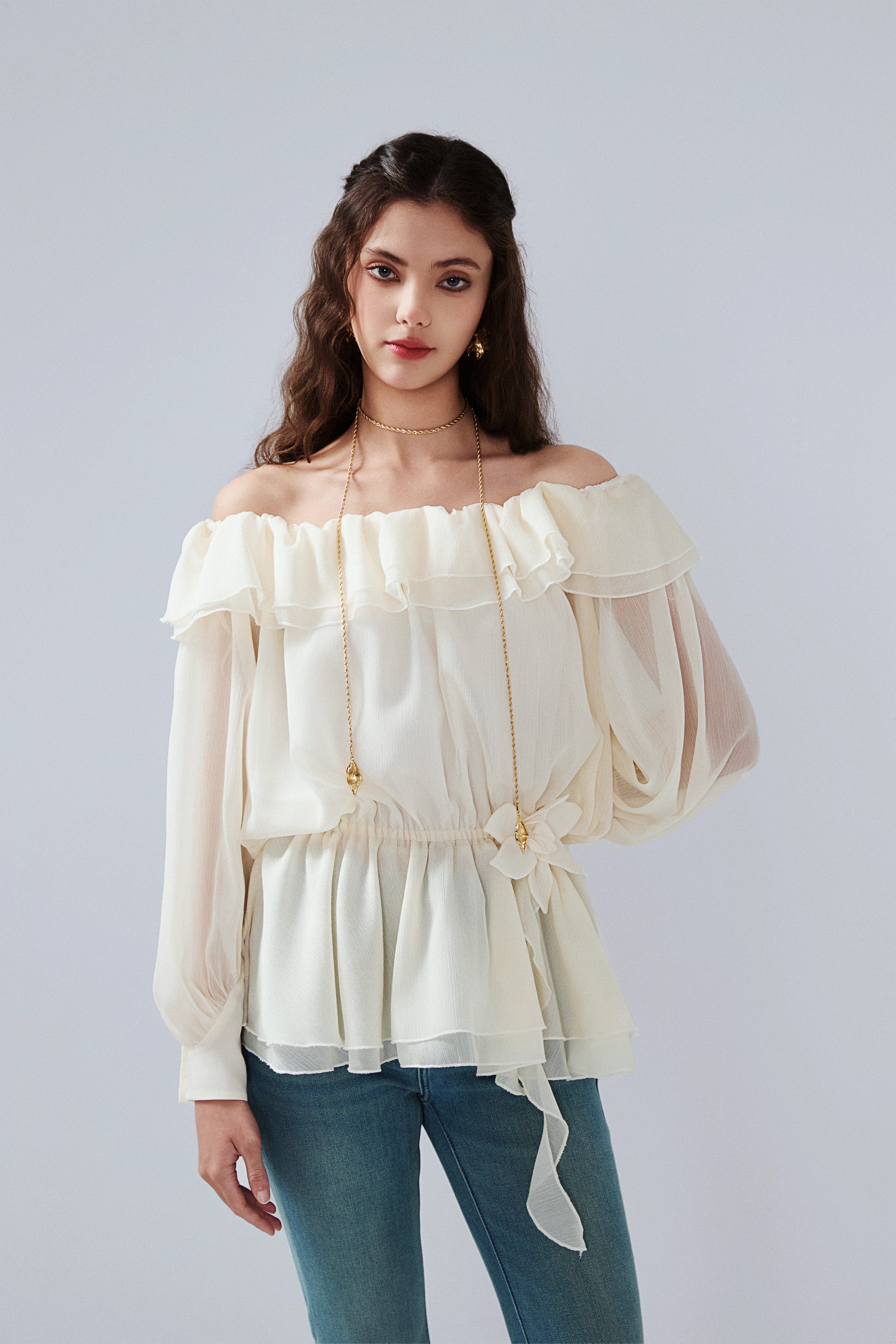 Yellow Shimmering Iris-Patterned Long-Sleeved Top