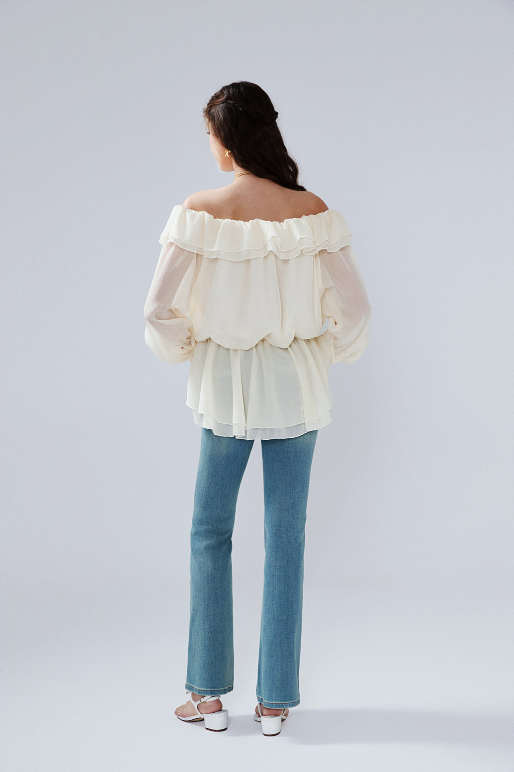 Yellow Shimmering Iris-Patterned Long-Sleeved Top