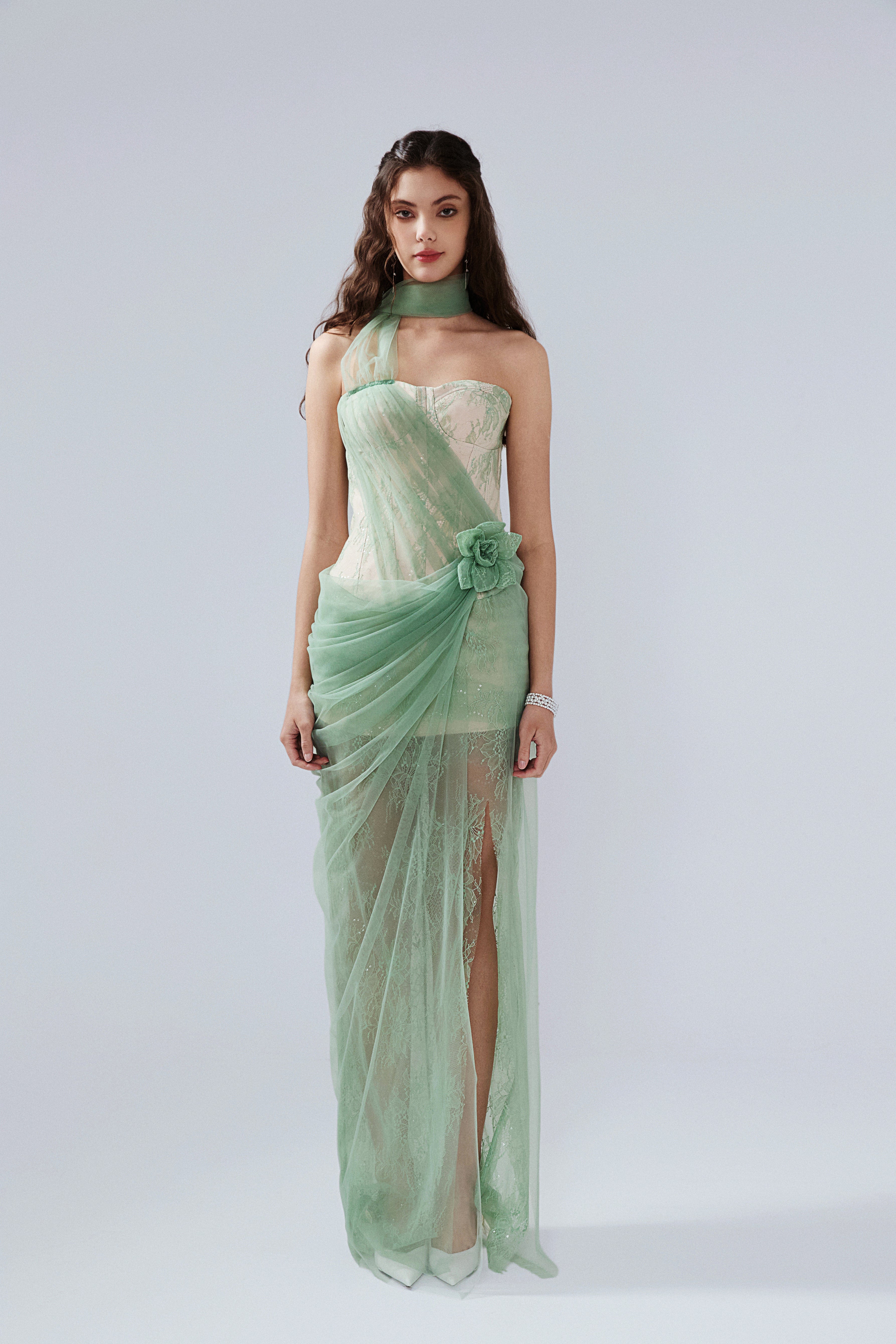 Water Green Fishbone Lace Dress