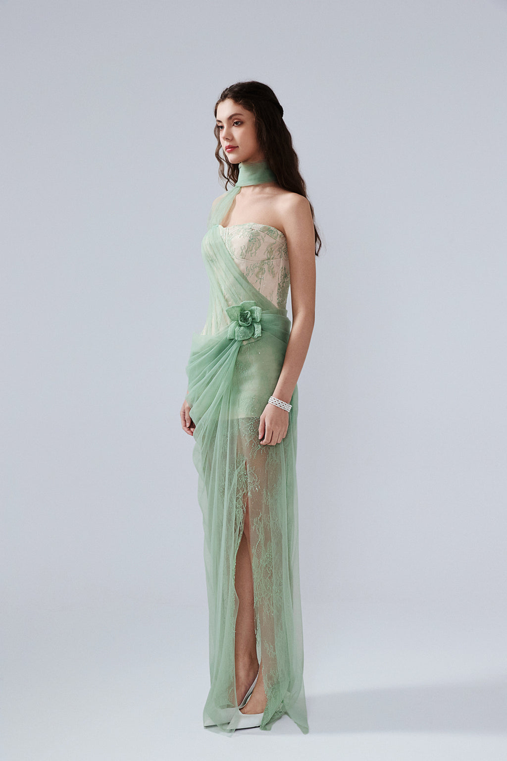 Water Green Fishbone Lace Dress