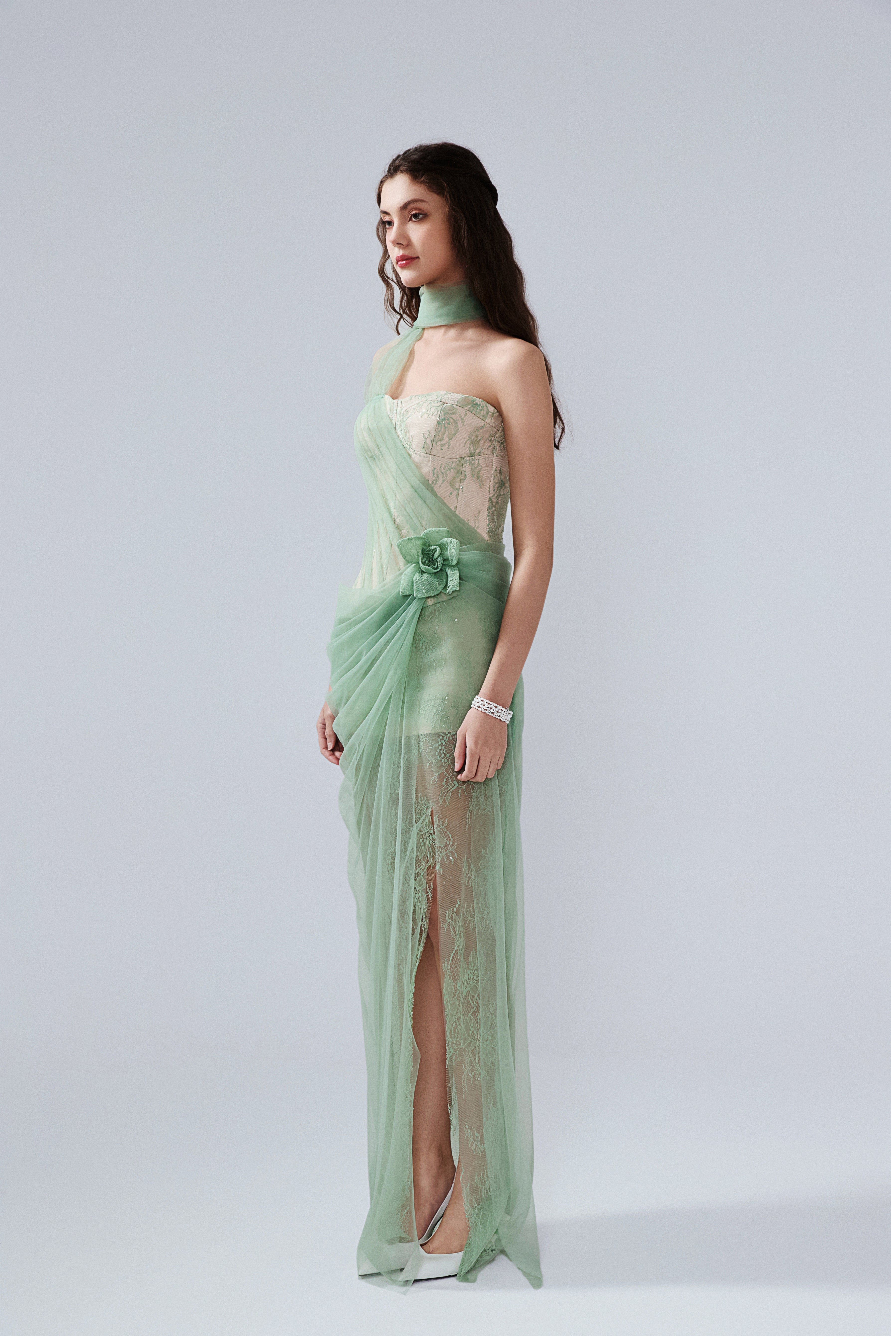 Water Green Fishbone Lace Dress