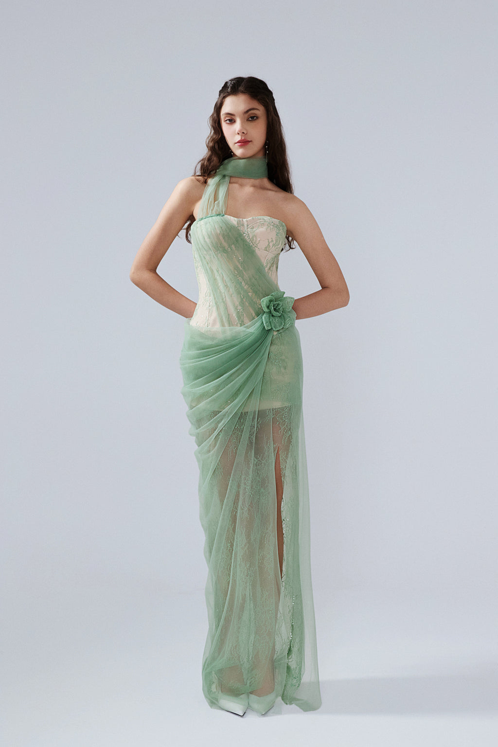 Water Green Fishbone Lace Dress