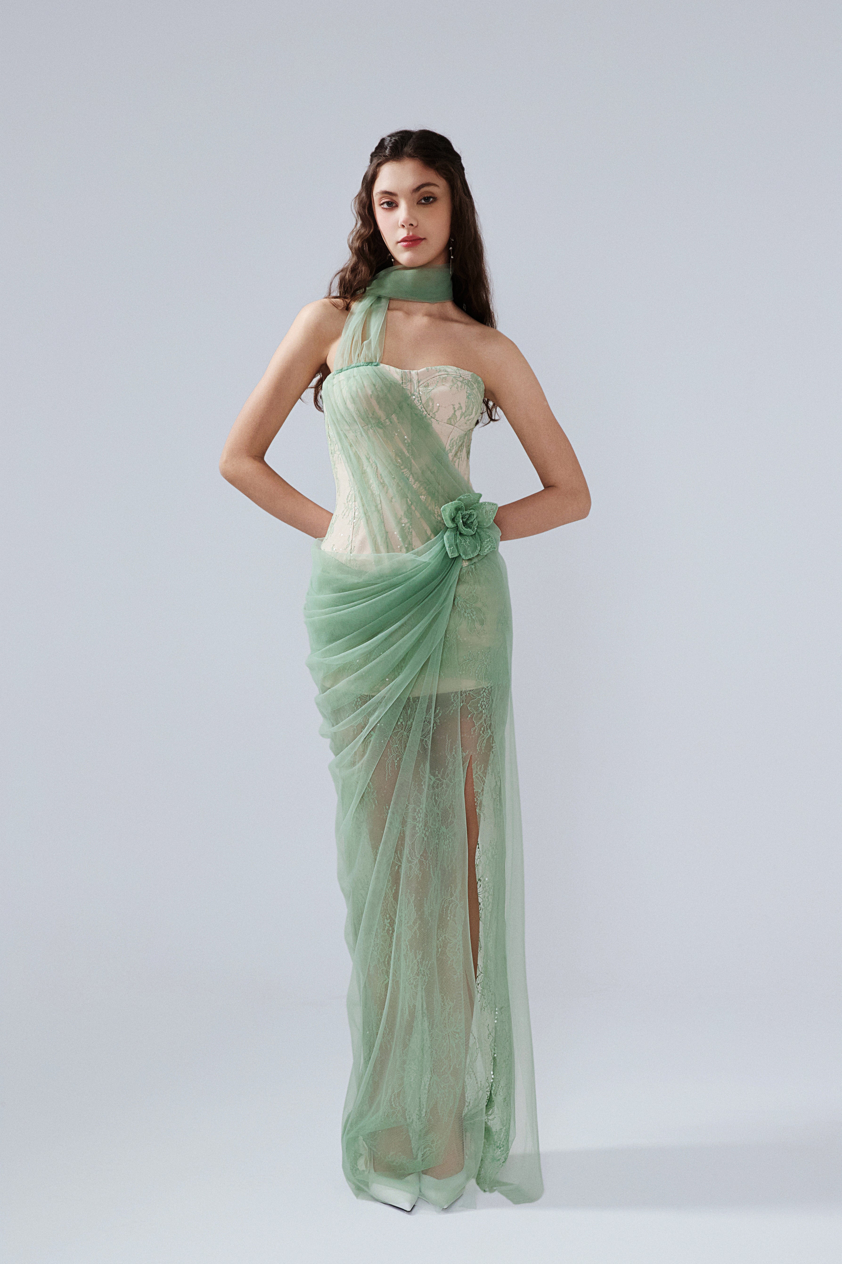 Water Green Fishbone Lace Dress