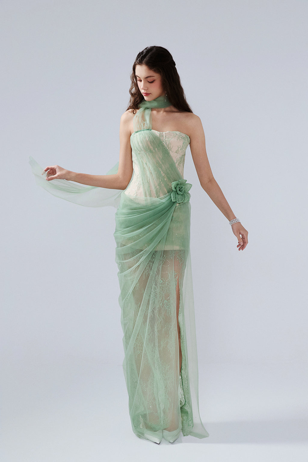 Water Green Fishbone Lace Dress