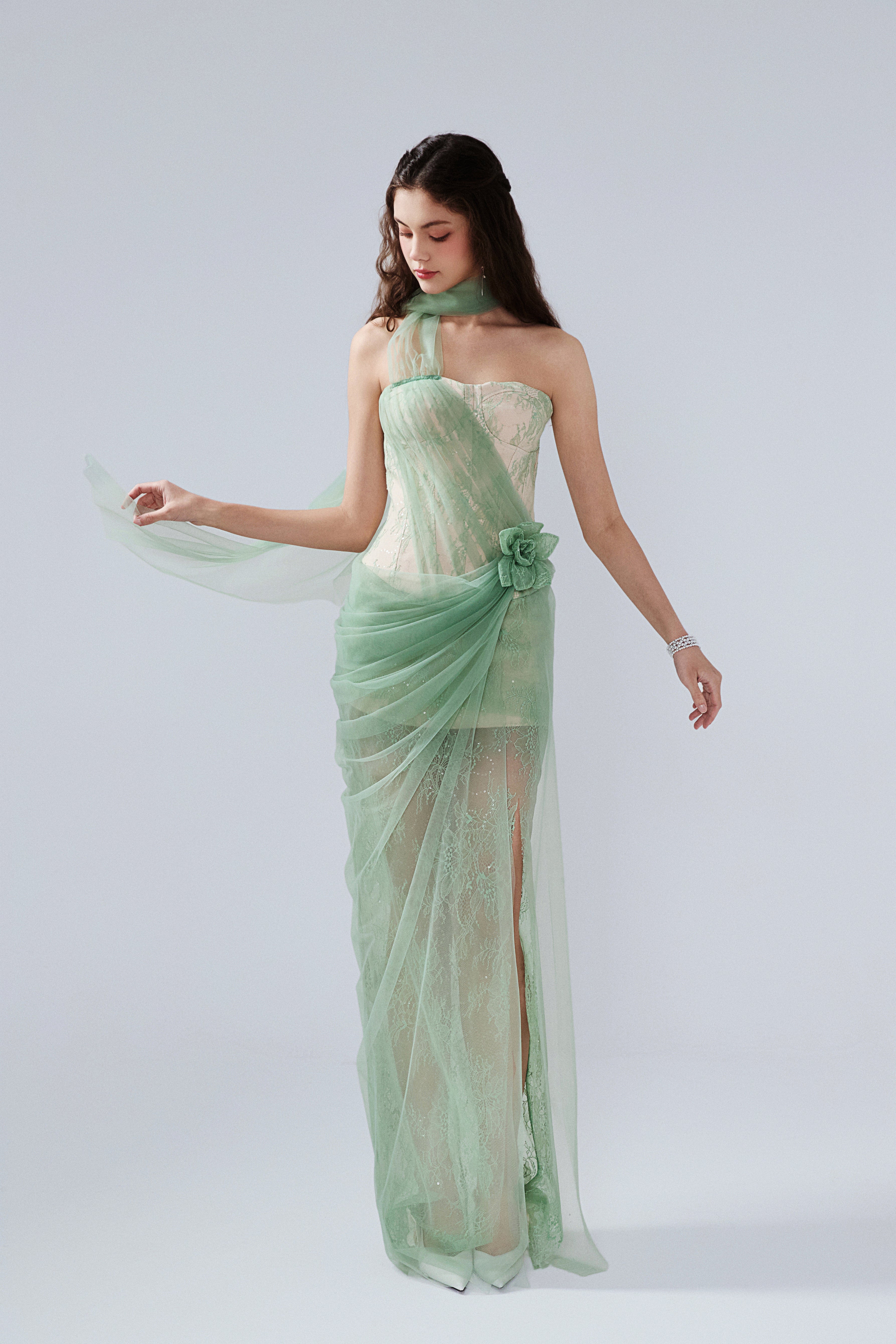Water Green Fishbone Lace Dress