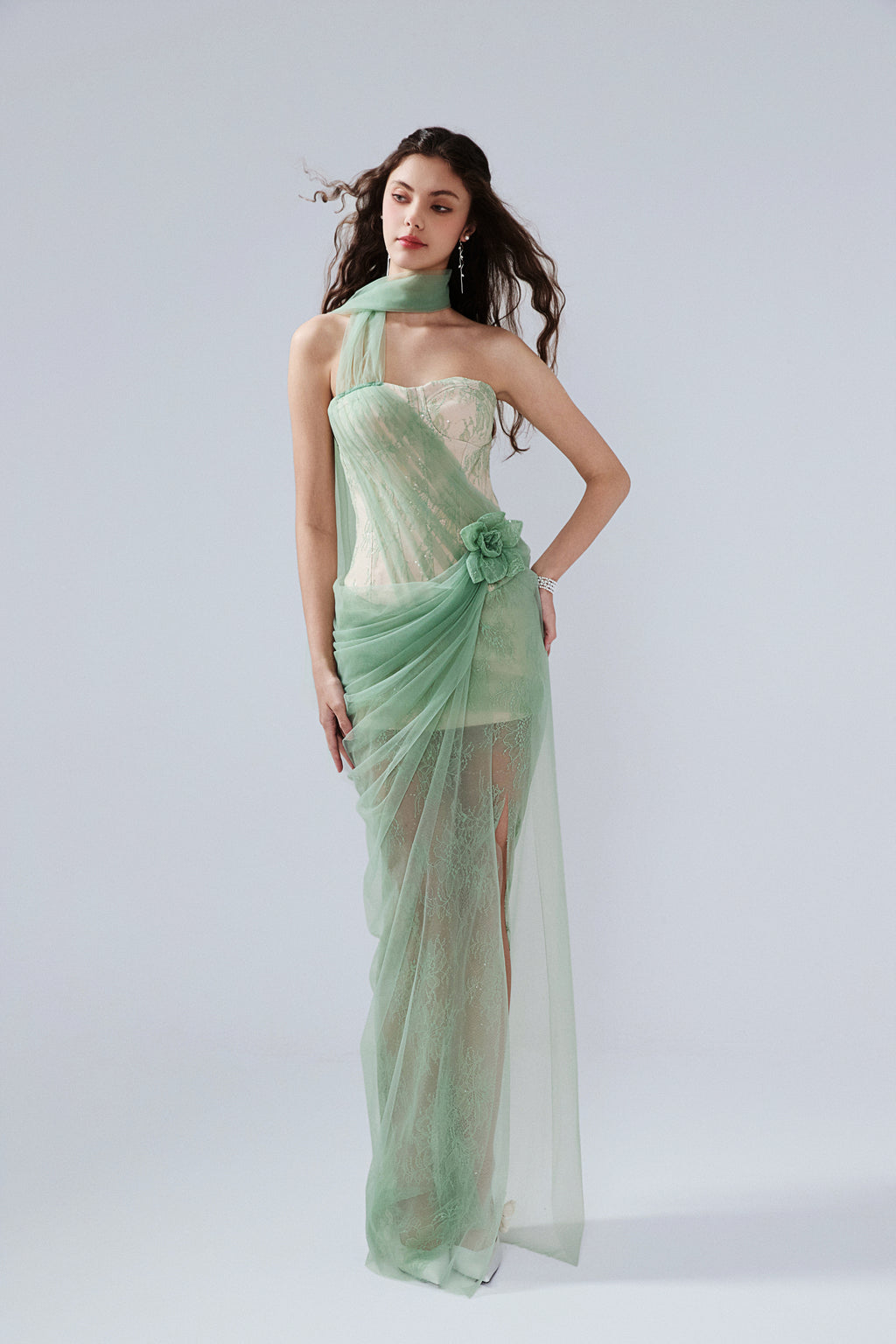 Water Green Fishbone Lace Dress