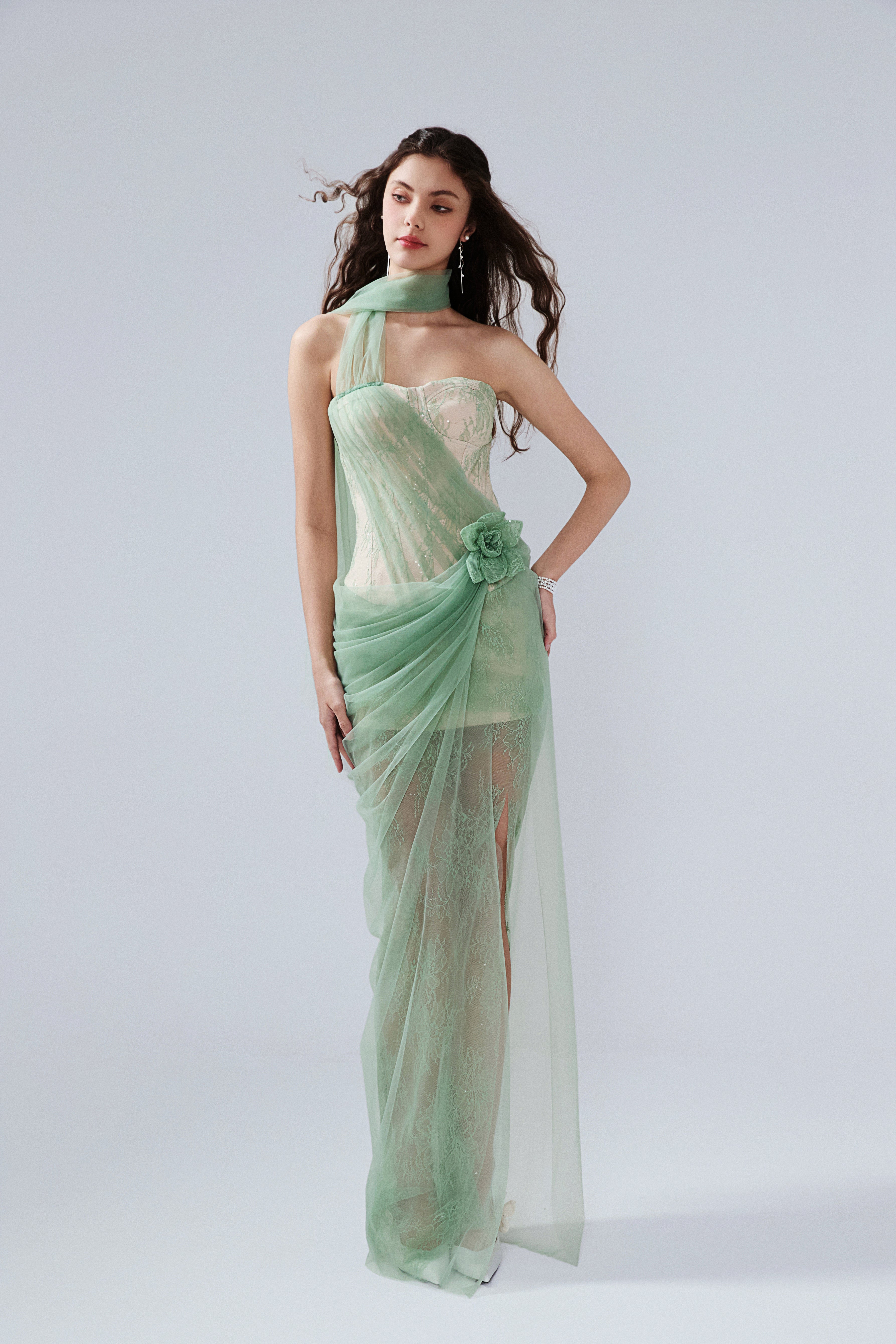 Water Green Fishbone Lace Dress