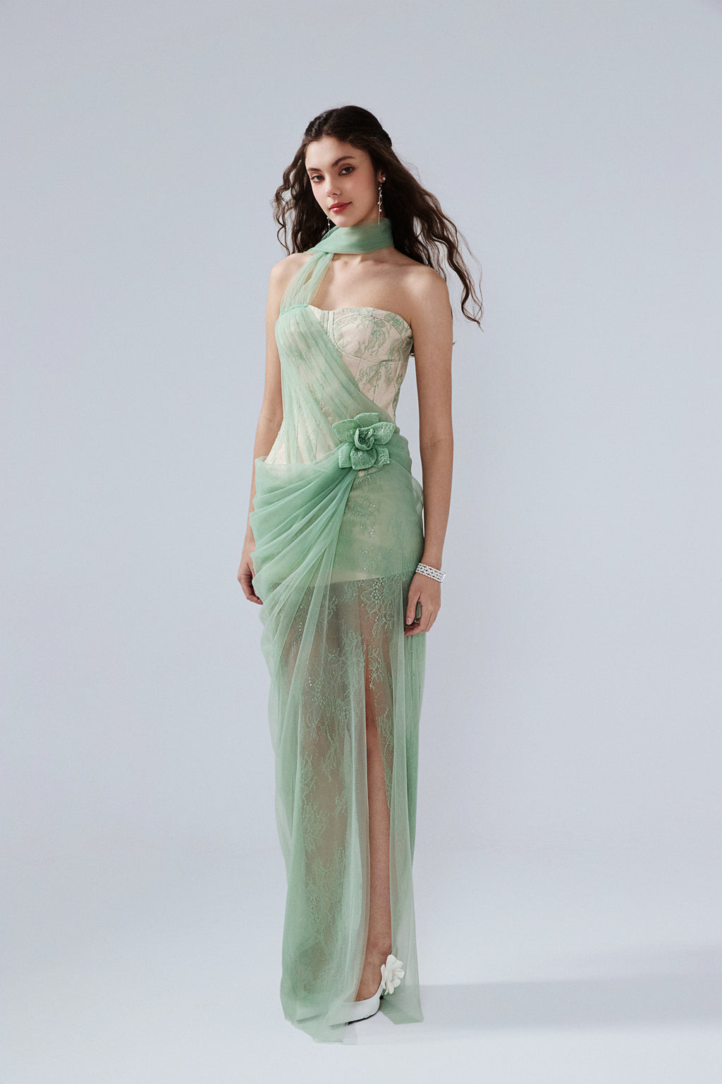Water Green Fishbone Lace Dress