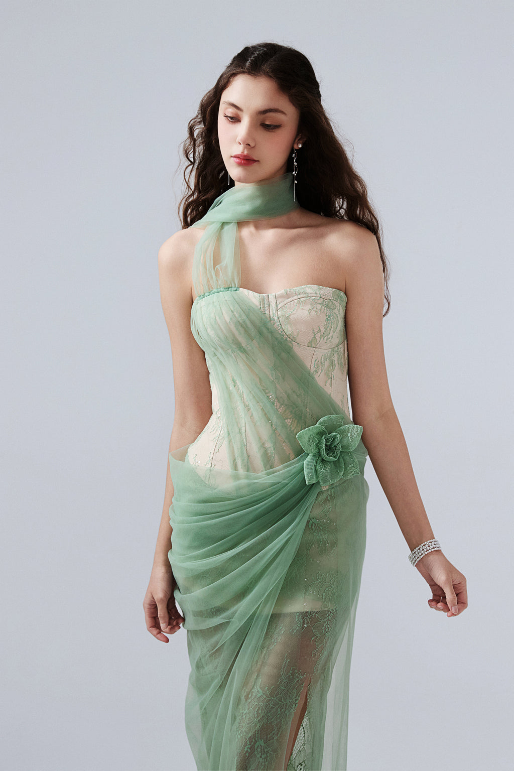 Water Green Fishbone Lace Dress