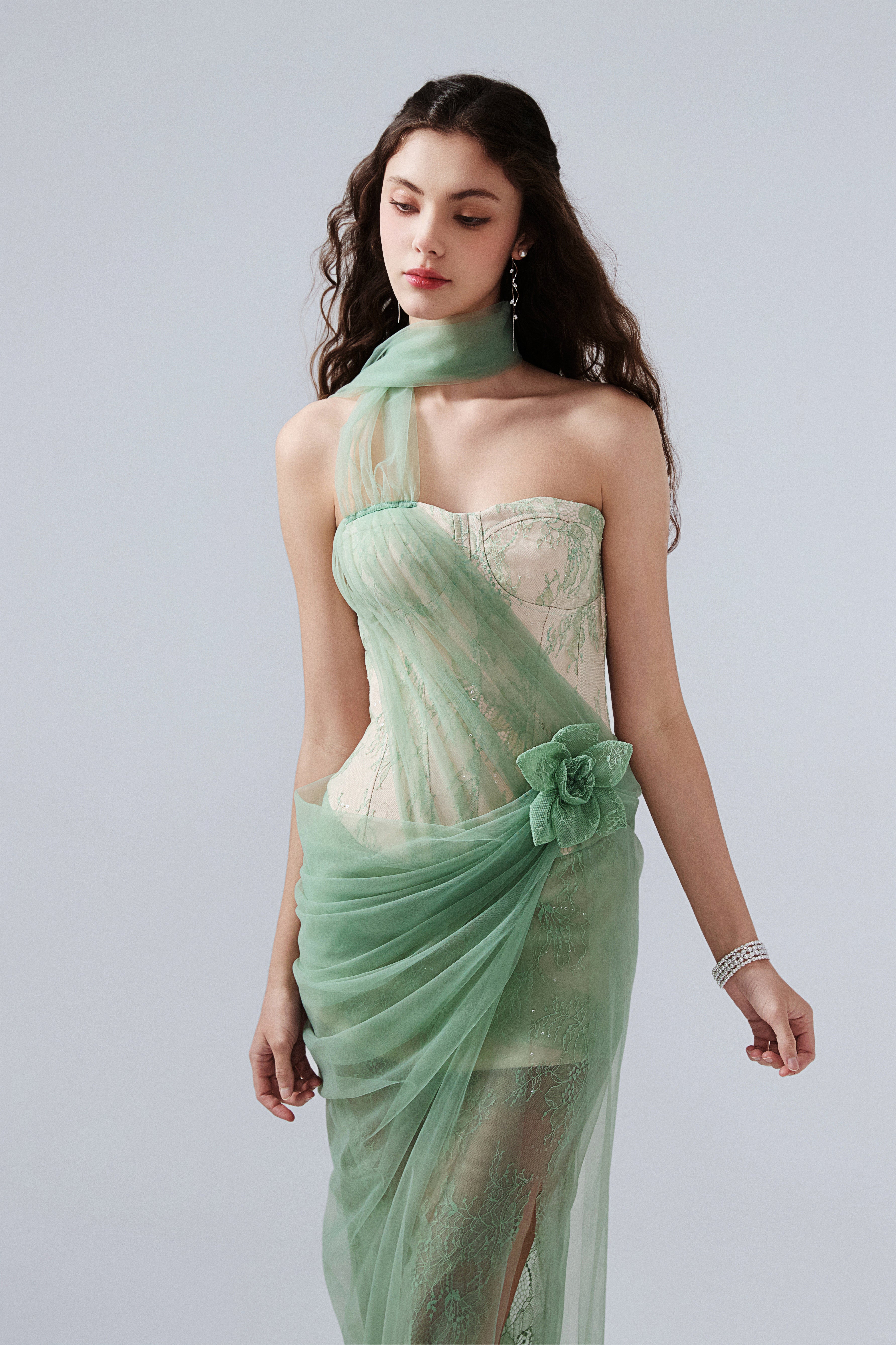 Water Green Fishbone Lace Dress