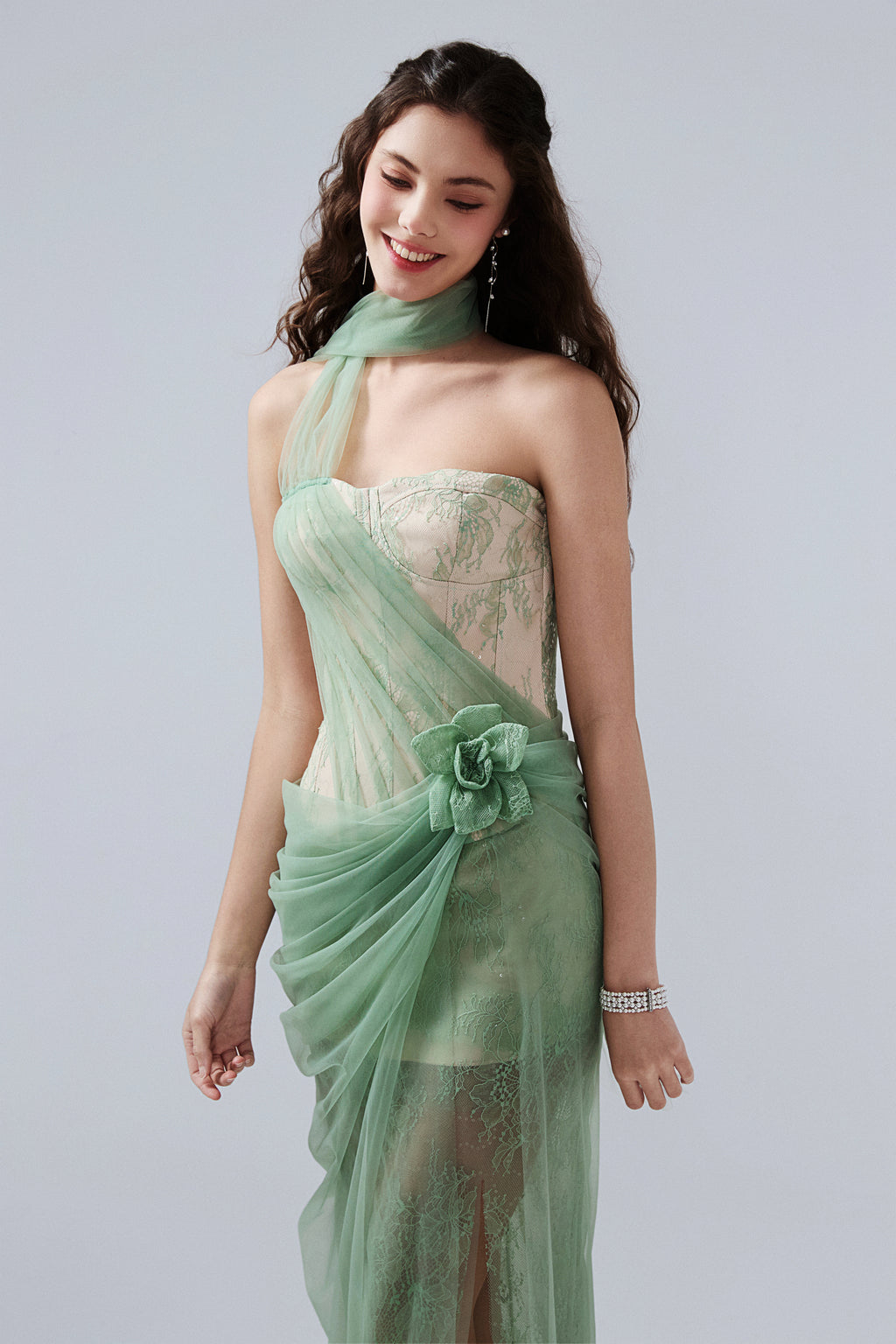 Water Green Fishbone Lace Dress