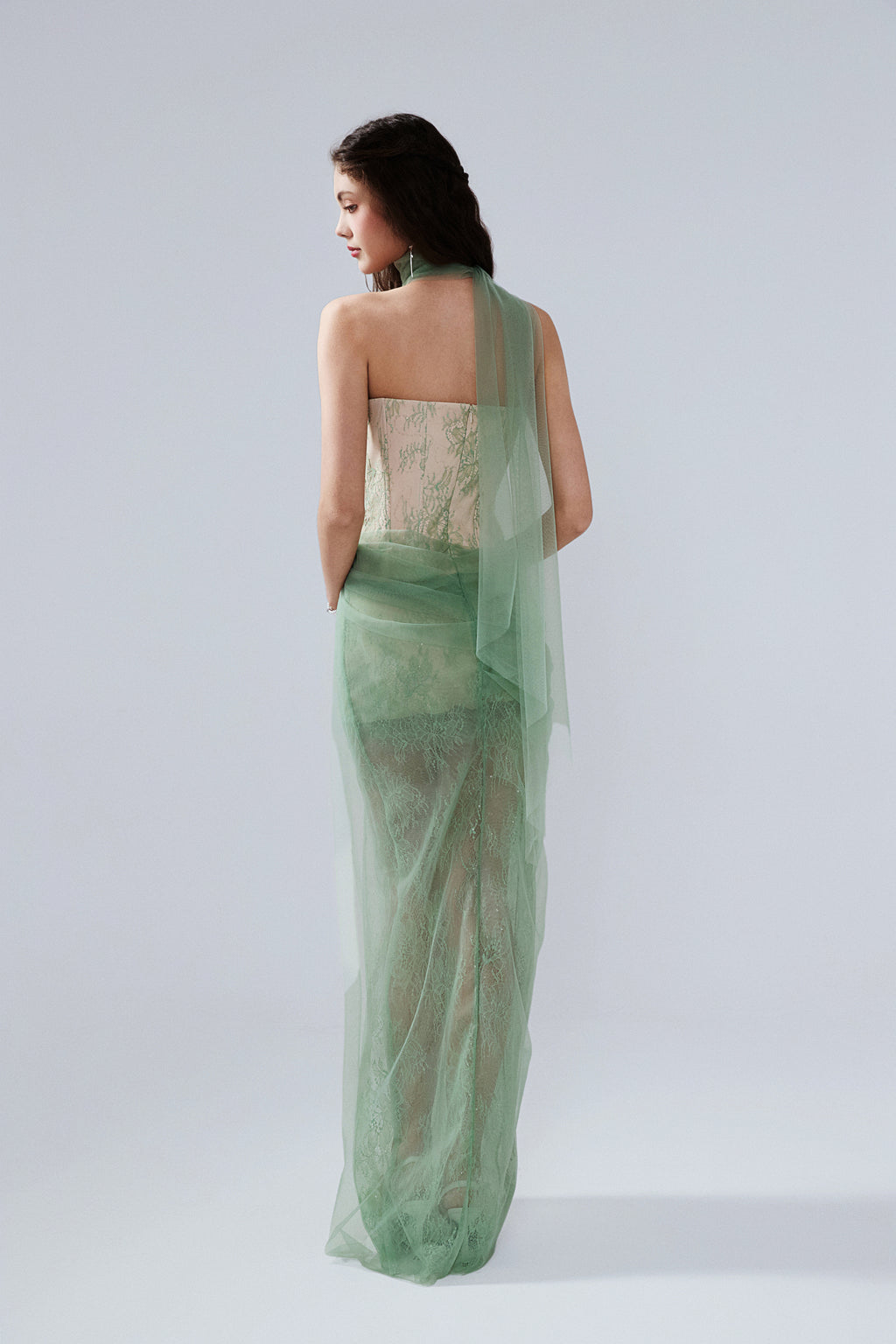 Water Green Fishbone Lace Dress