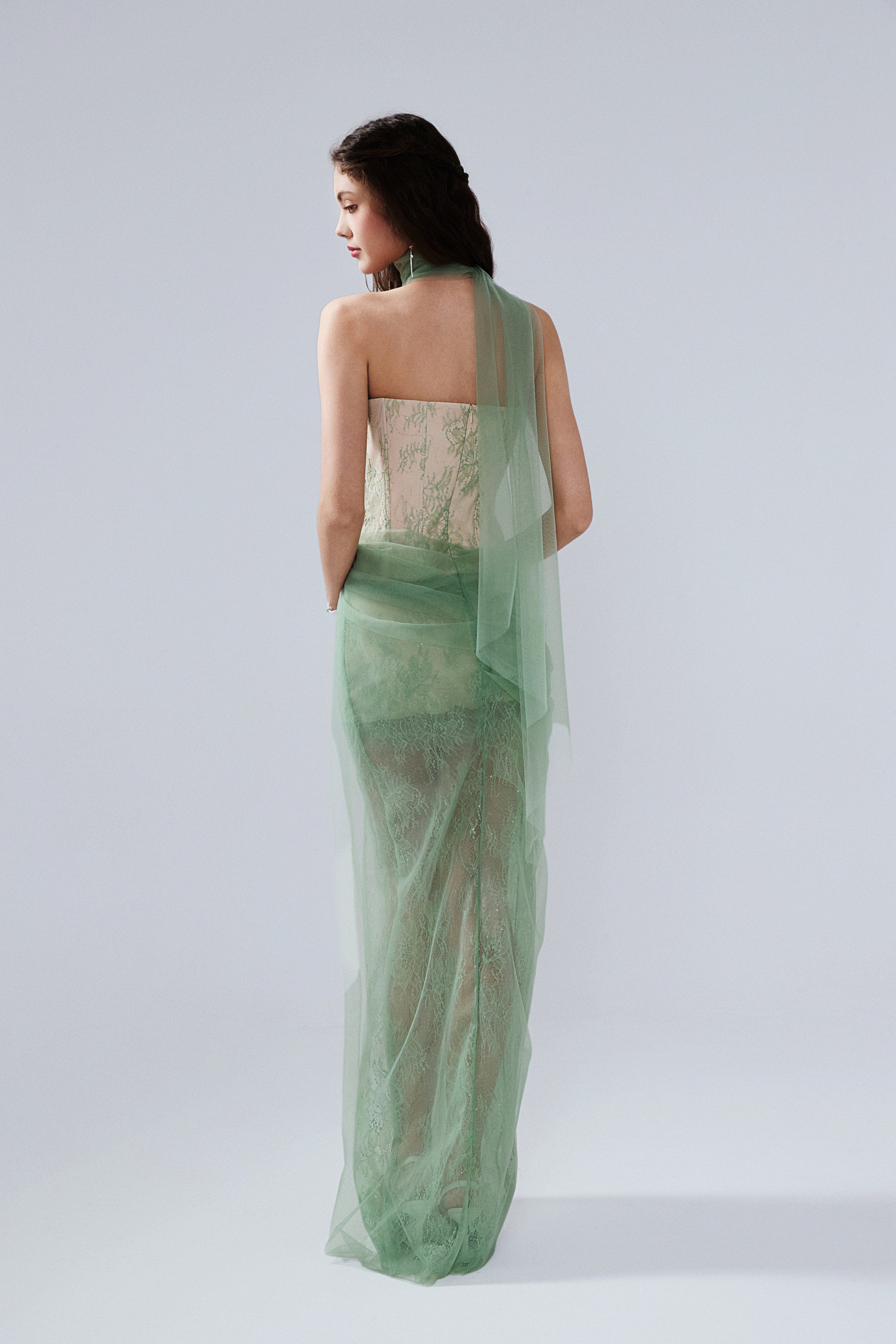 Water Green Fishbone Lace Dress