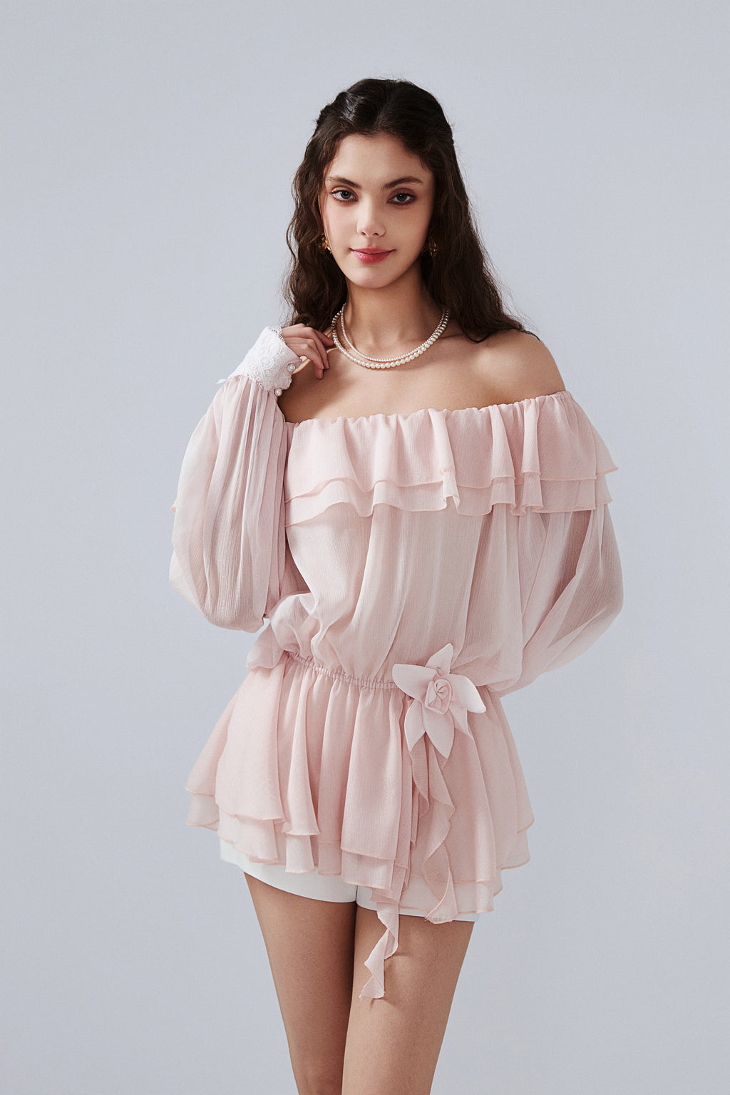 Pink Shimmering Iris-Patterned Long-Sleeved Top