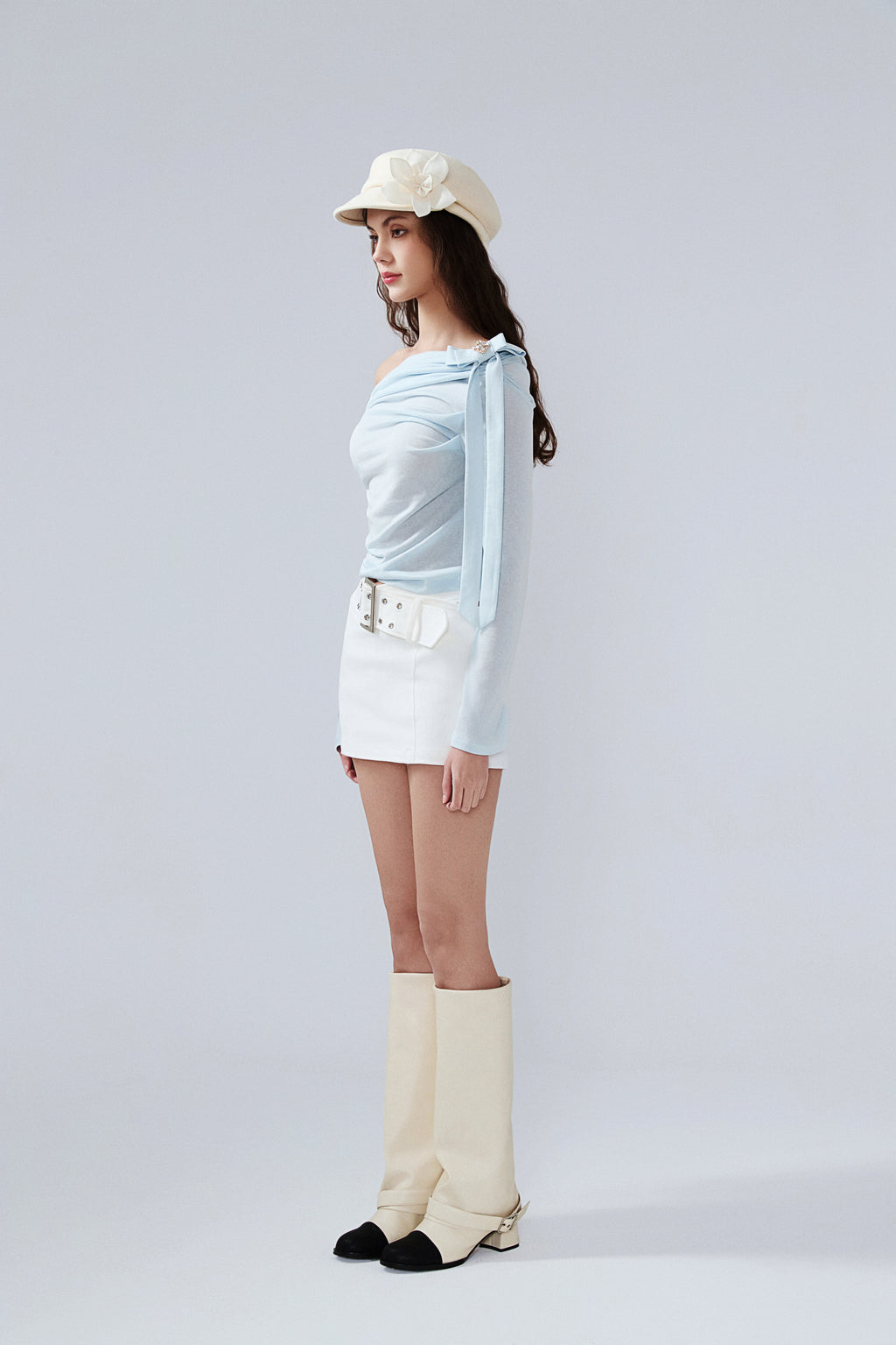 Blue Sloping Shoulder Pleated Bow Tie Ribbon Top