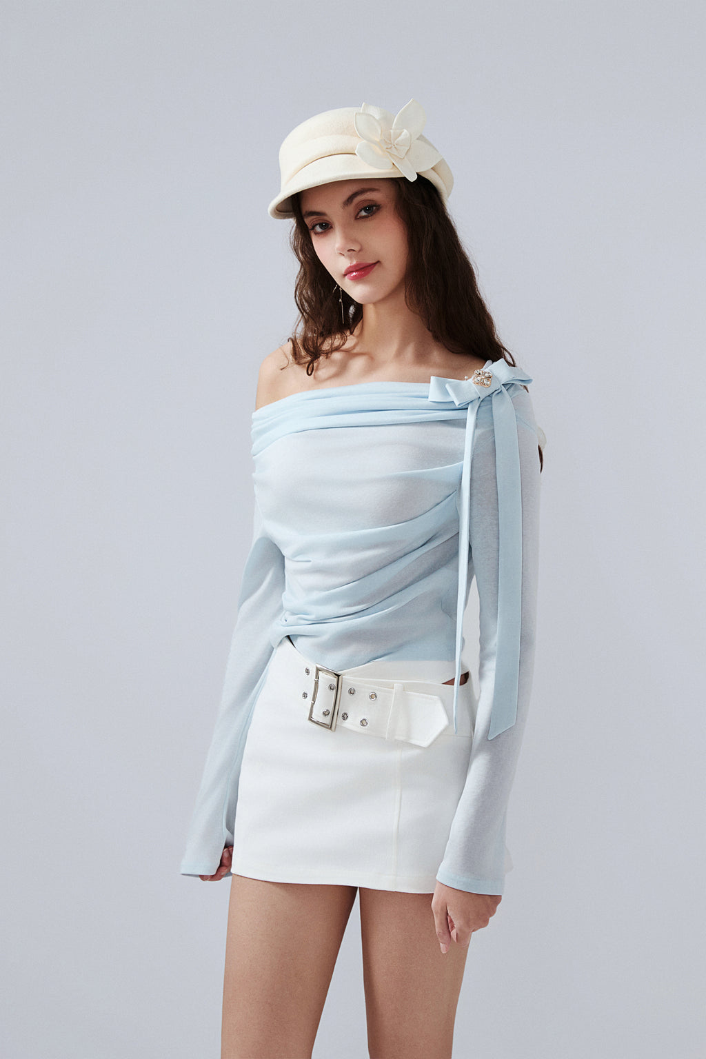 Blue Sloping Shoulder Pleated Bow Tie Ribbon Top