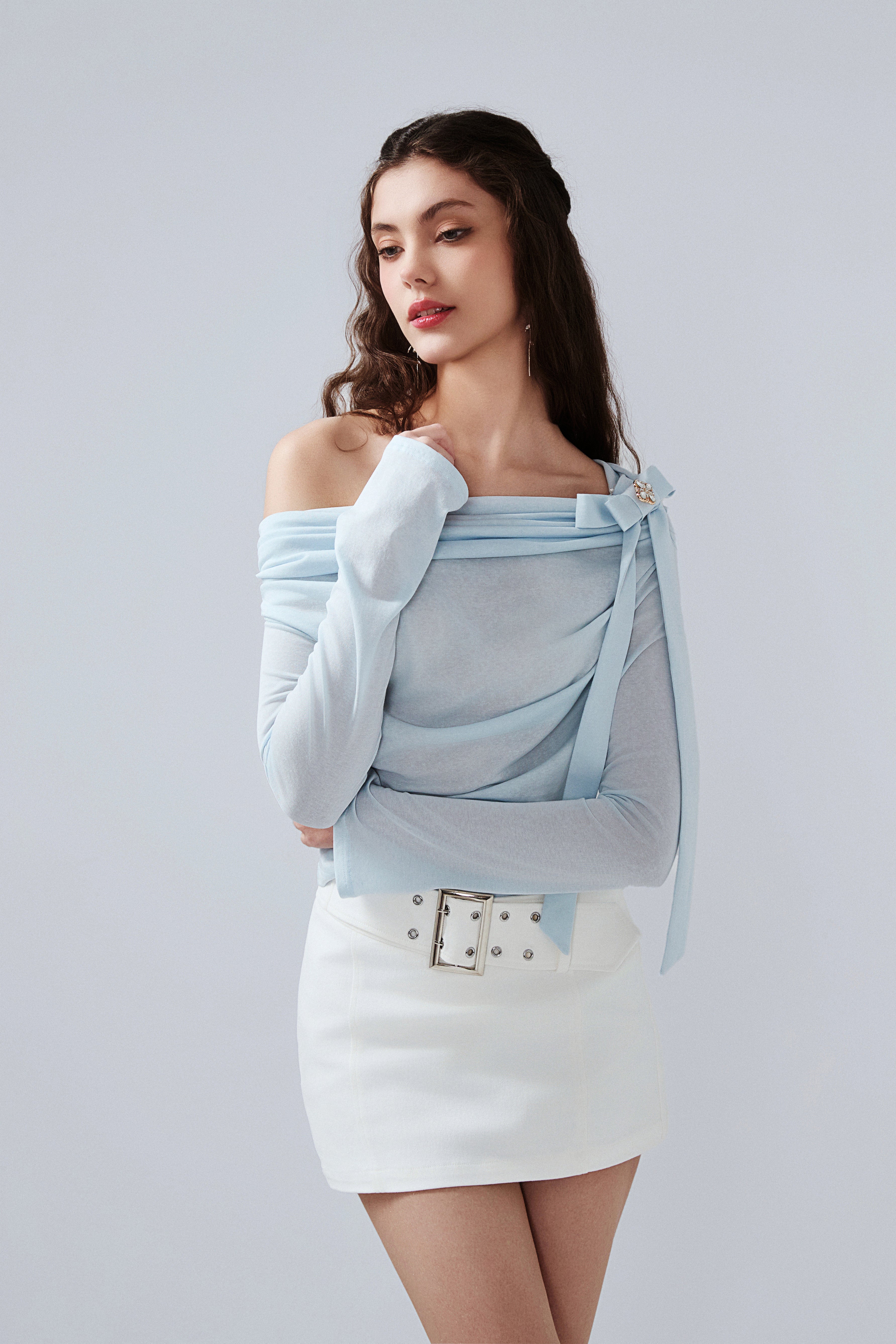 Blue Sloping Shoulder Pleated Bow Tie Ribbon Top
