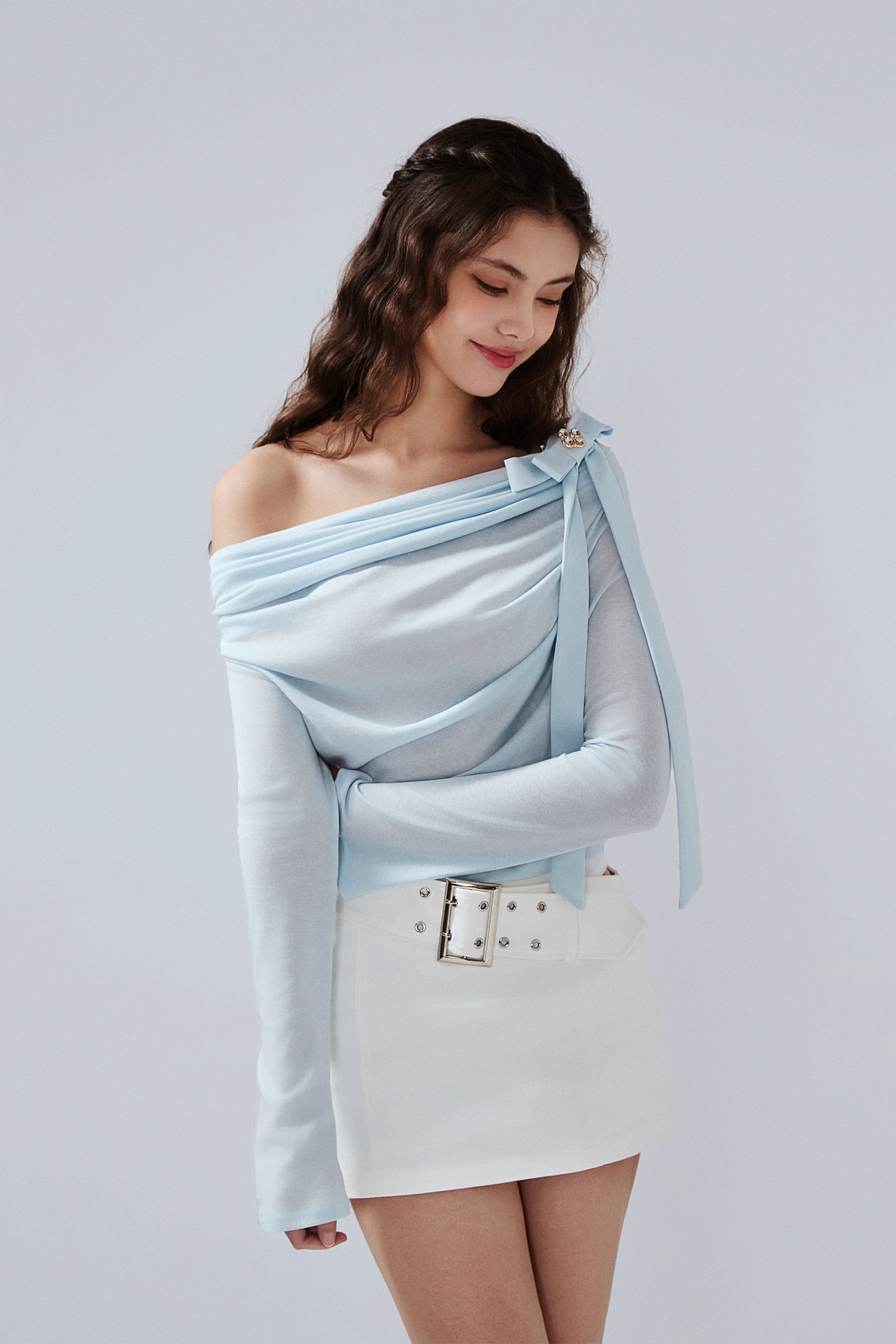 Blue Sloping Shoulder Pleated Bow Tie Ribbon Top