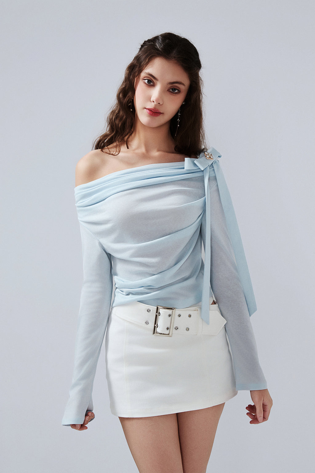 Blue Sloping Shoulder Pleated Bow Tie Ribbon Top