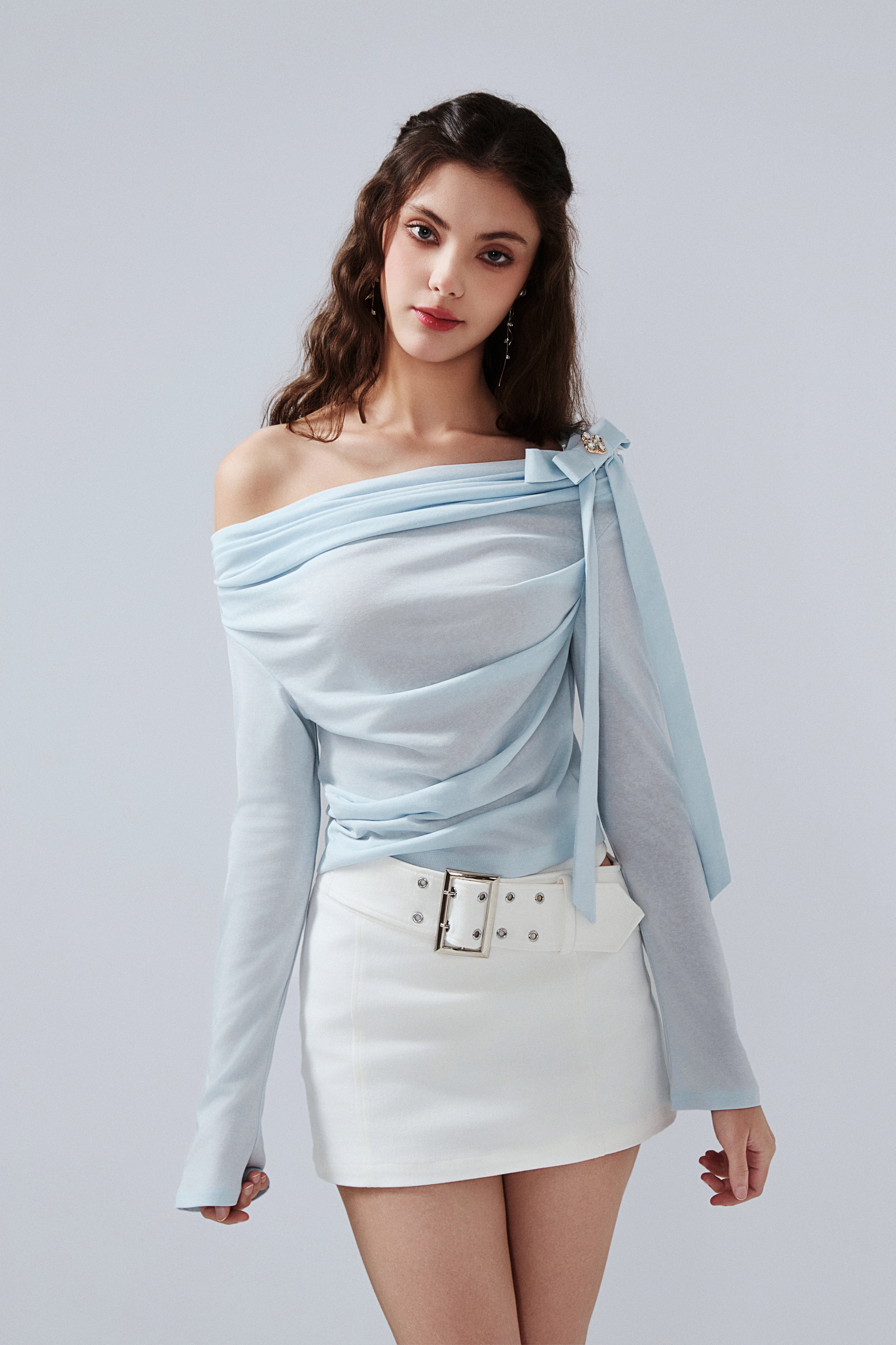 Blue Sloping Shoulder Pleated Bow Tie Ribbon Top