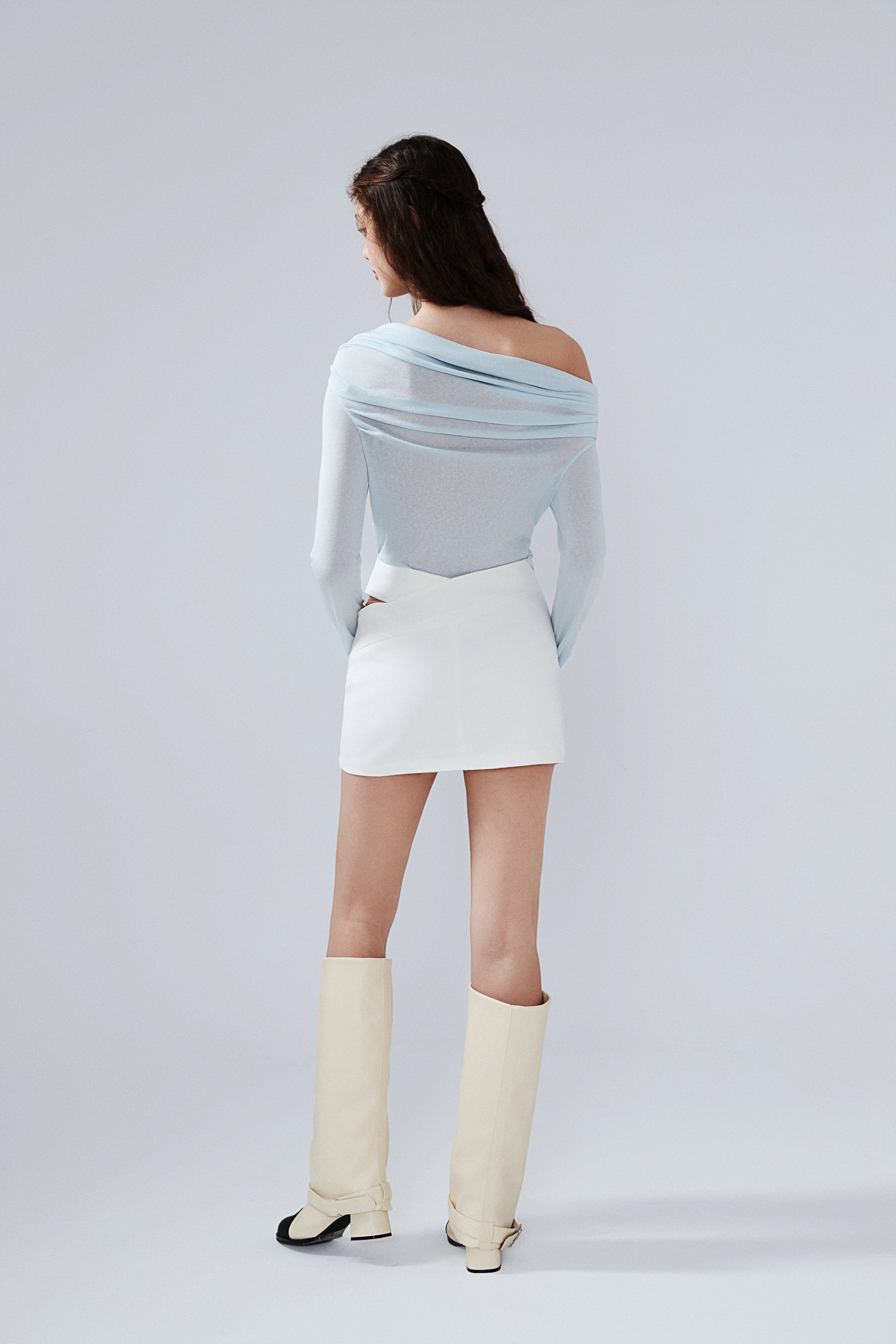 Blue Sloping Shoulder Pleated Bow Tie Ribbon Top