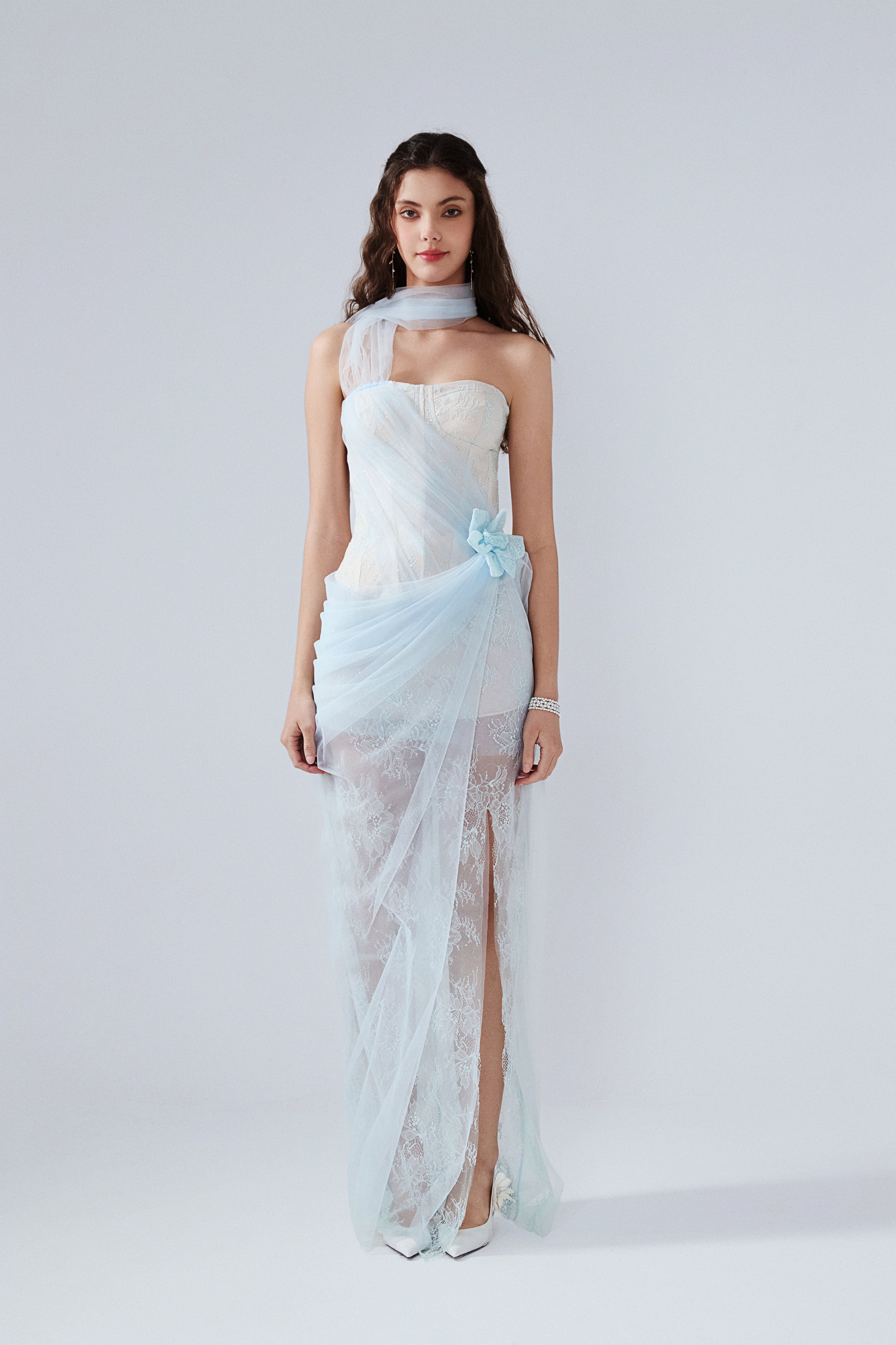 Light Blue Fishbone Lace Dress