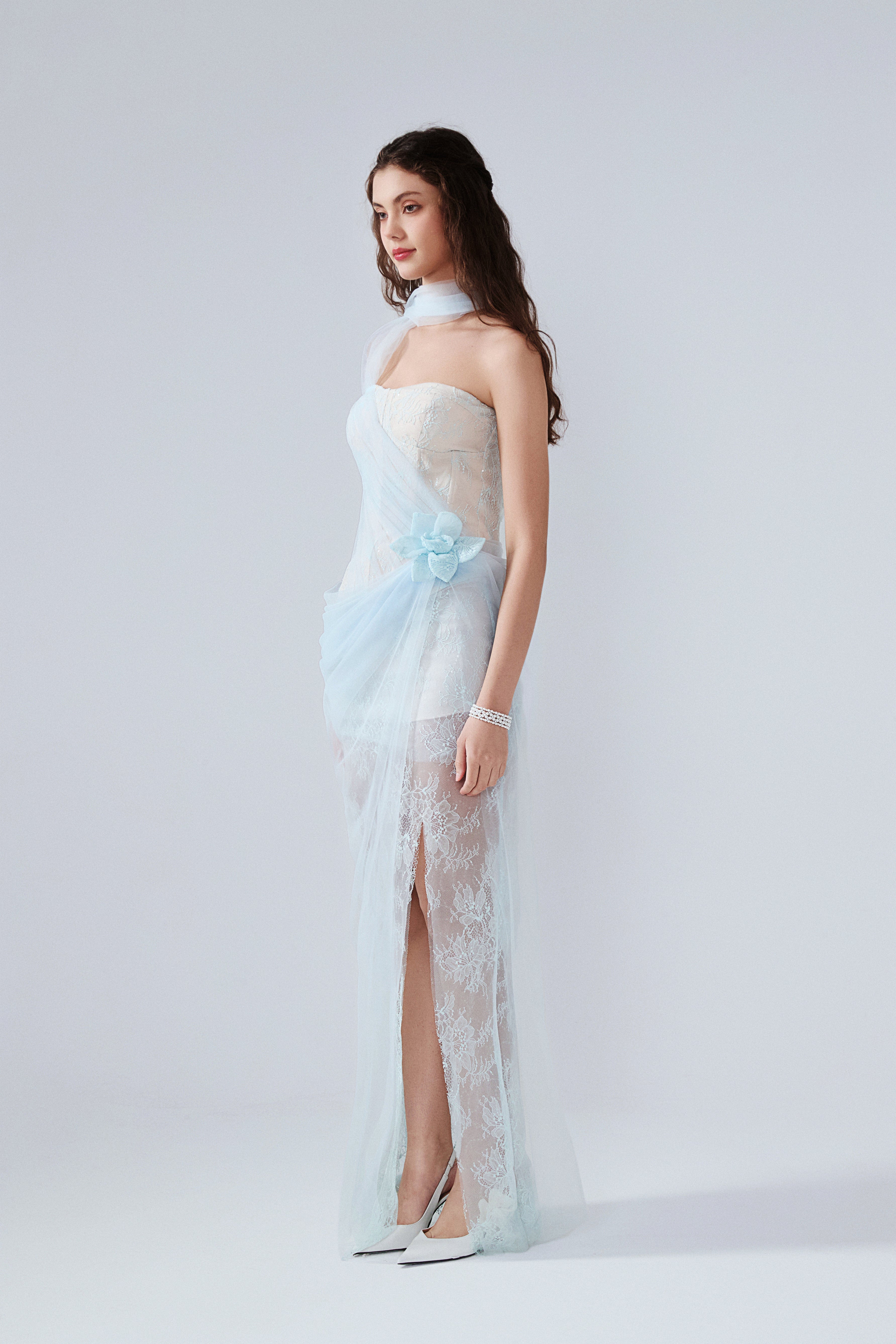 Light Blue Fishbone Lace Dress