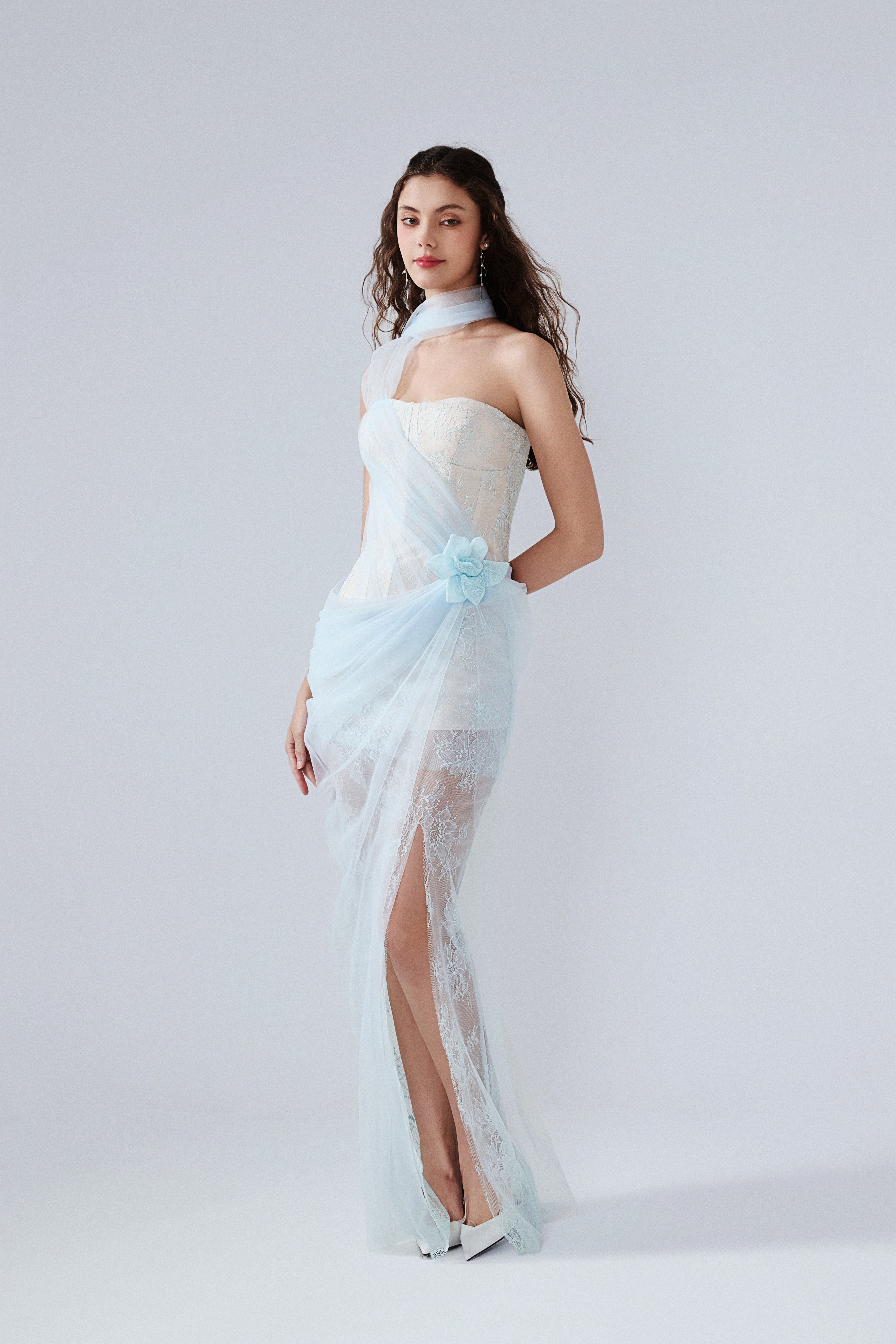 Light Blue Fishbone Lace Dress
